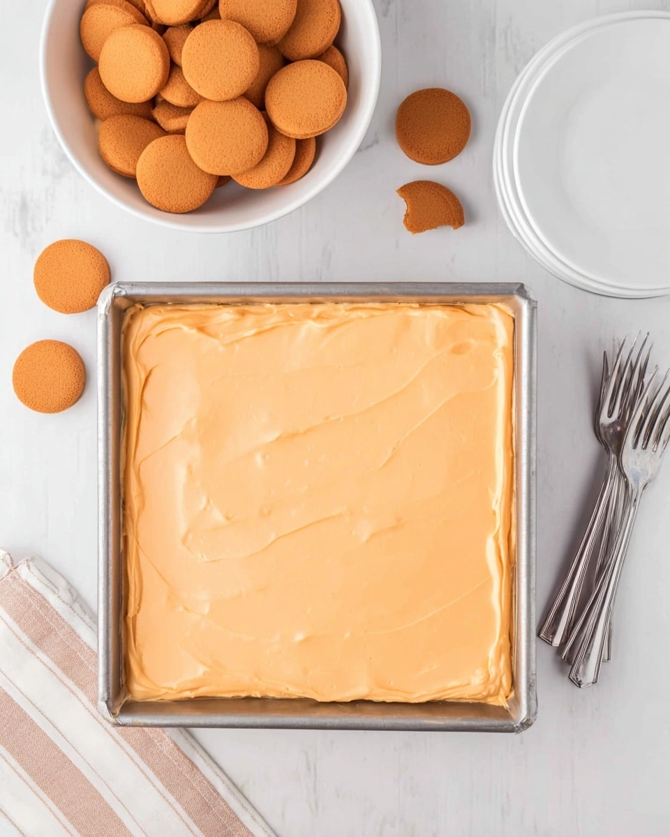 A square metal pan holds a smooth, light orange creamy layer spread evenly across the top, filling the pan completely. To the upper left, a white bowl filled with round, orange-brown cookies is placed on a white marbled surface, with some cookies scattered nearby. At the top right, a small white plate holds three silver forks resting on it. The overall setup is clean and simple, with soft, even lighting highlighting the creamy texture and the cookie shapes. Photo taken with an iphone --ar 4:5 --v 7