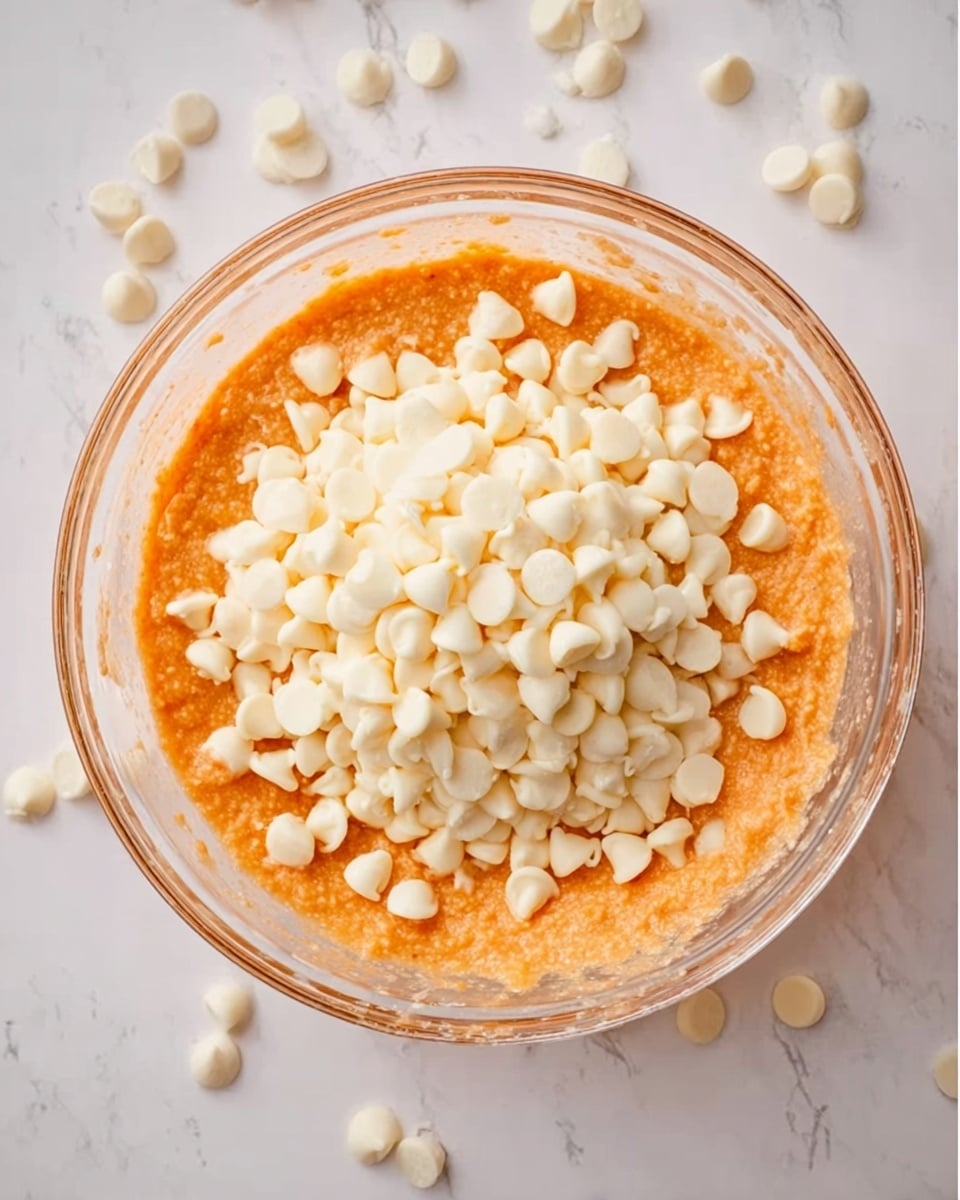 A clear glass bowl filled with an orange batter at the bottom, topped with a large pile of white chocolate chips that cover most of the batter's surface. The bowl is placed on a white marbled surface with a soft, warm light shining from above, giving the orange and white colors a bright and fresh look. Around the bowl, a few white chocolate chips are scattered randomly. photo taken with an iphone --ar 4:5 --v 7