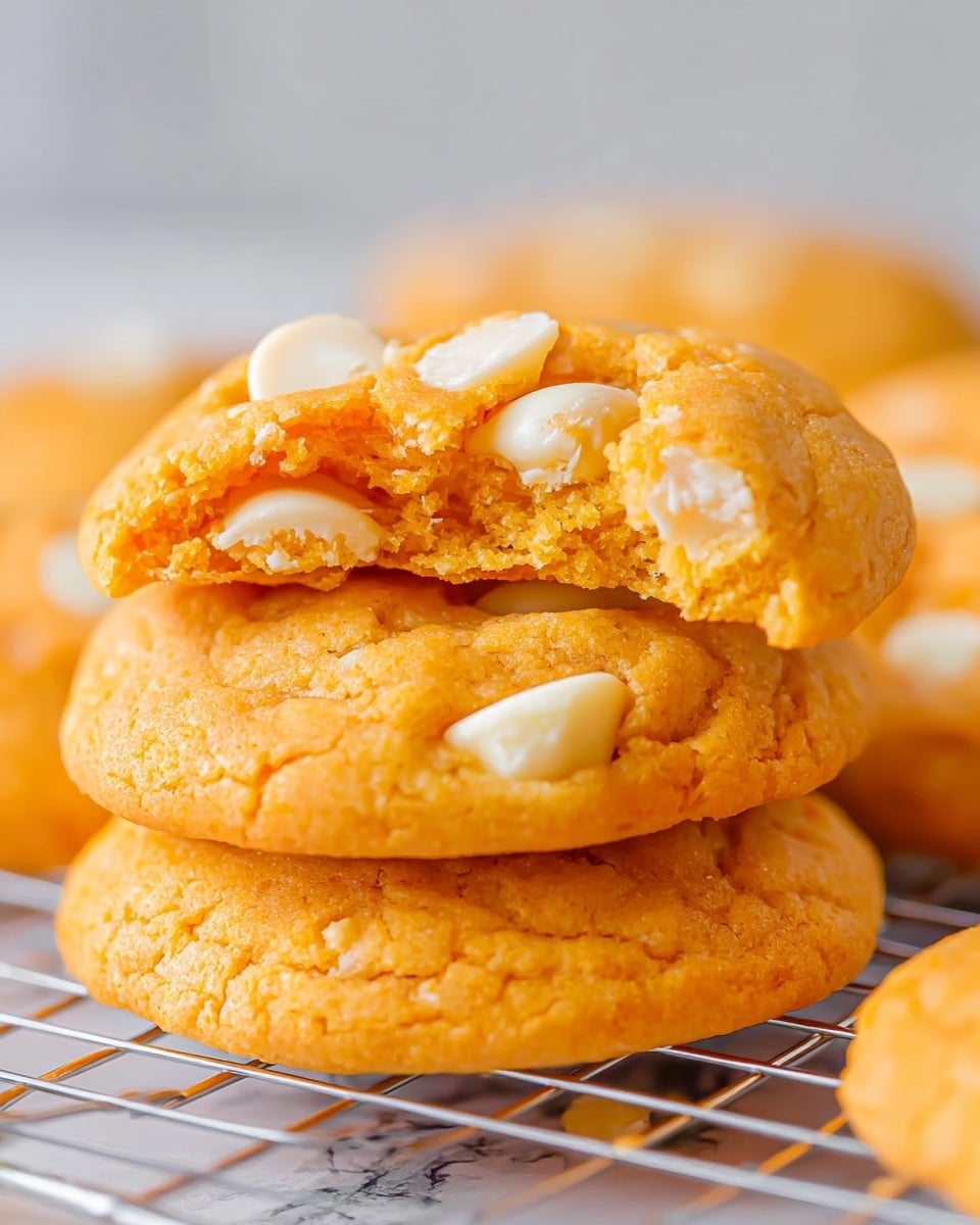 The image shows a stack of bright orange cookies with visible chunks of white chocolate evenly spread throughout each one. There are three cookies stacked with the top cookie broken in half to show the soft and slightly crumbly inside texture. The cookies have a slightly rough surface with some cracks, and the white chocolate pieces are glossy and scattered on the top and inside the broken cookie half. They rest on a silver wire cooling rack, all set against a white marbled surface. Photo taken with an iphone --ar 4:5 --v 7