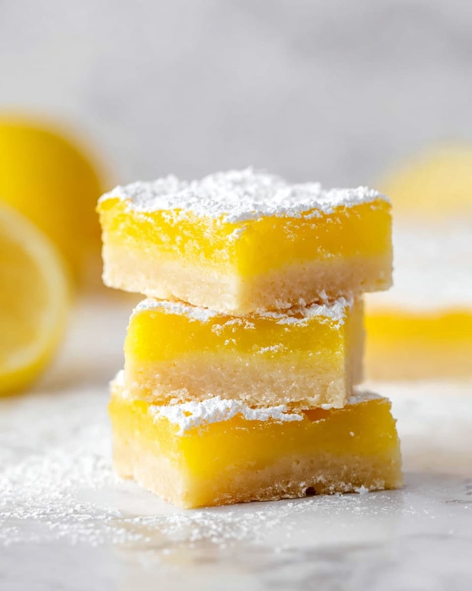 The image shows a stack of three lemon bars on a white marbled surface. Each bar has two layers: a bottom layer that is light beige and looks like a soft crust, and a top layer that is bright yellow with a smooth, slightly shiny texture. The top of the bars is dusted with powdered sugar, creating a light, powdery white layer on top. The bars are neatly cut in square shapes, and the background is softly blurred with a hint of a lemon on the left side. photo taken with an iphone --ar 4:5 --v 7