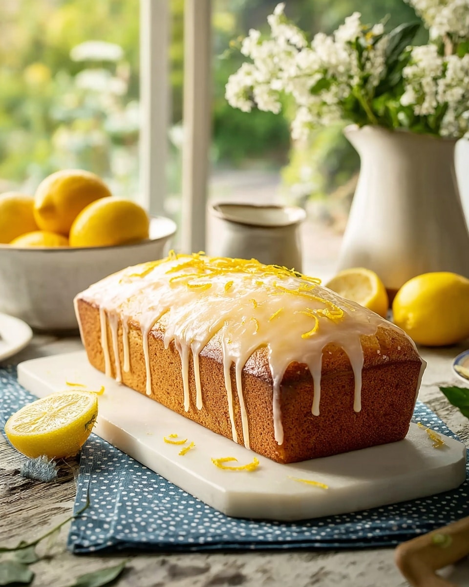 A rectangular loaf cake with a golden-brown crust is placed on a white rectangular serving board. The cake is topped with a smooth, light yellow icing layer that drips slightly down the sides, with thin drizzles of a darker yellow glaze and small lemon zest pieces scattered over the top. The board rests on a blue cloth with white polka dots on a surface with a white marbled texture. In the background, there is a white bowl filled with whole yellow lemons on the left, two halved lemons near the right side, and soft-focused greenery and white flowers in a white jug. The lighting is warm and natural, coming from a window with a garden view. photo taken with an iphone --ar 4:5 --v 7
