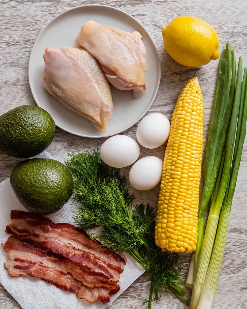 The image shows two pieces of cooked chicken with a light beige color placed on a white plate in the bottom left corner. Above the plate, there are two whole dark green avocados with textured skin. To the right of the chicken, there is a bright yellow corn cob with visible kernels lying horizontally. Next to the corn, two white eggs are positioned close together. A bunch of long green onions is placed vertically to the right of the eggs, and below them, there is a small bunch of fresh green dill with feathery leaves. On the far right, a lemon with a bright yellow skin sits at the top, and beneath it, several strips of crispy reddish-brown bacon rest on a white paper towel. All of these items are arranged on a white marbled surface. photo taken with an iphone --ar 4:5 --v 7