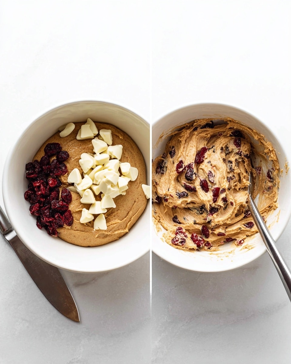 Two side-by-side images show a white bowl on a white marbled surface with a metal knife beside it. On the left, the bowl holds three layers: a smooth brown dough base at the bottom, small dark red dried cranberries on the bottom left, and chunky white chocolate pieces on the top right. On the right, the bowl contains the brown dough mixed with the cranberries and white chocolate pieces, creating a thick, swirled texture with hints of red and white inside. Photo taken with an iphone --ar 4:5 --v 7