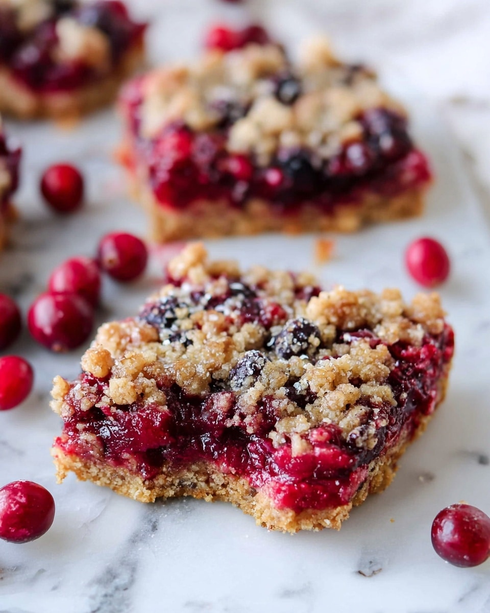 The image shows two berry crumble bars on a white marbled surface, with one piece having a bite taken out of it at the back and the other whole in front. Each bar has a bottom layer of golden crumbly crust, topped with a thick layer of glossy mixed berries in red and dark purple shades. The top layer is a crumbly, light brown streusel that is unevenly spread, letting the berries peek through. Scattered fresh cranberries are around the bars adding more pops of red color. Photo taken with an iphone --ar 4:5 --v 7