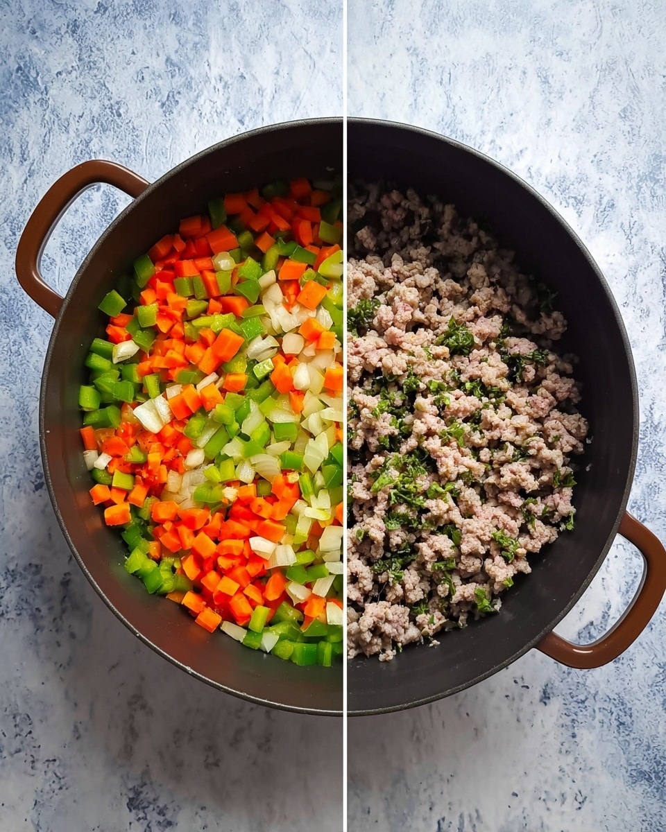 Two images of a black pot with brown handles sit on a white marbled texture. The left image shows one layer of chopped vegetables in the pot, including bright orange carrots, light green bell peppers, and white onions mixed together, creating a colorful mix. The right image shows two layers in the same pot: one half has the same colorful vegetable mix with the same bright orange, green, and white colors, and the other half has ground meat with a light brown and slightly crumbly texture. Photo taken with an iphone --ar 4:5 --v 7