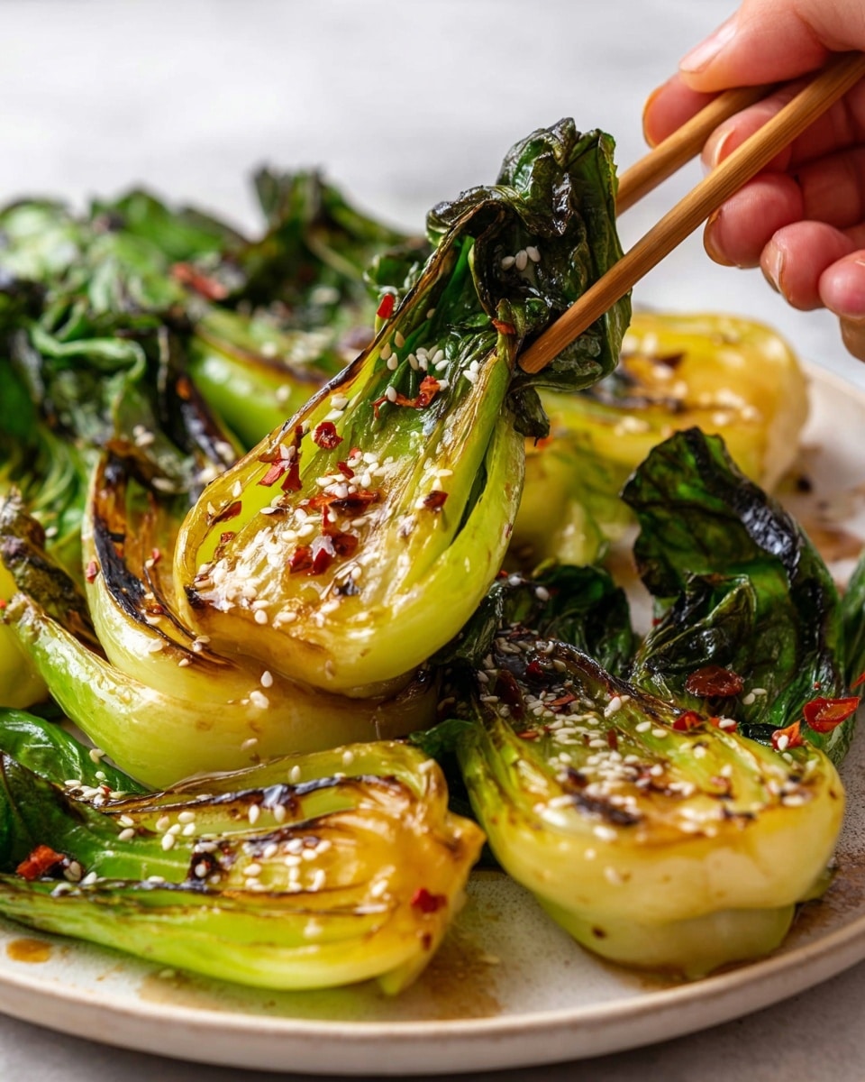 The image shows several pieces of grilled bok choy arranged on a white plate with a white marbled surface background. Each bok choy piece is halved, displaying a vibrant green inner layer with tender, shiny, caramelized edges tinged with brown and light char marks. The glossy, bright green leaves curl slightly at the top behind the crispier stalks, which have a golden-brown grilled texture. White sesame seeds and small red chili flakes are sprinkled evenly over the bok choy, adding texture and color contrast. A woman's hand holds bamboo chopsticks that lift one piece, highlighting its juicy, glazed surface and crispy edges. Photo taken with an iphone --ar 4:5 --v 7