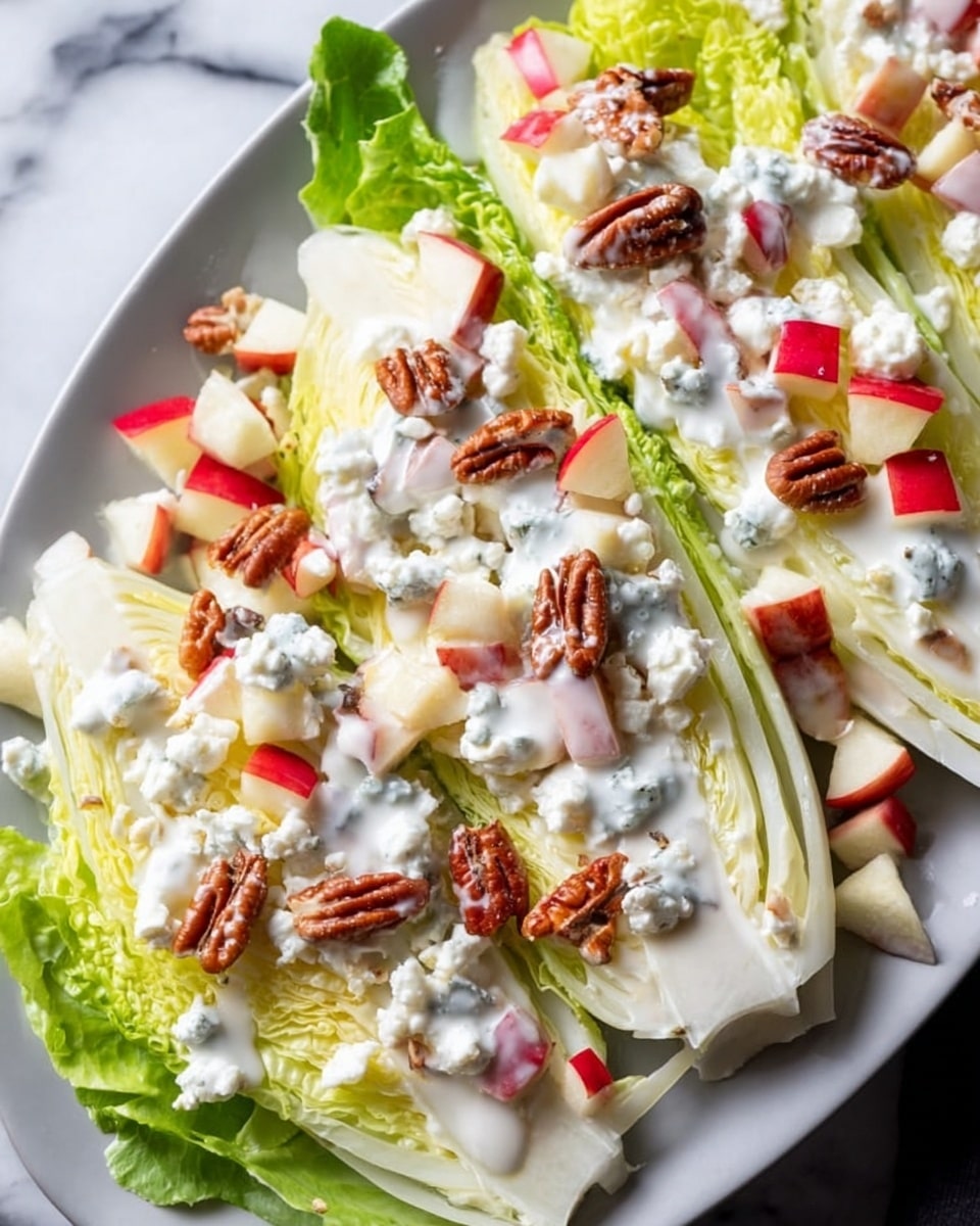 This image shows a white plate with three layers of fresh pale yellow endive leaves spread evenly as the base. On top of the endive are small white crumbles of cheese, scattered diced pieces of red and green apple, and whole pecan nuts evenly spread. A creamy white dressing is lightly poured over parts of the top layer, adding a smooth texture. The plate is placed on a surface with a white marbled texture. photo taken with an iphone --ar 4:5 --v 7