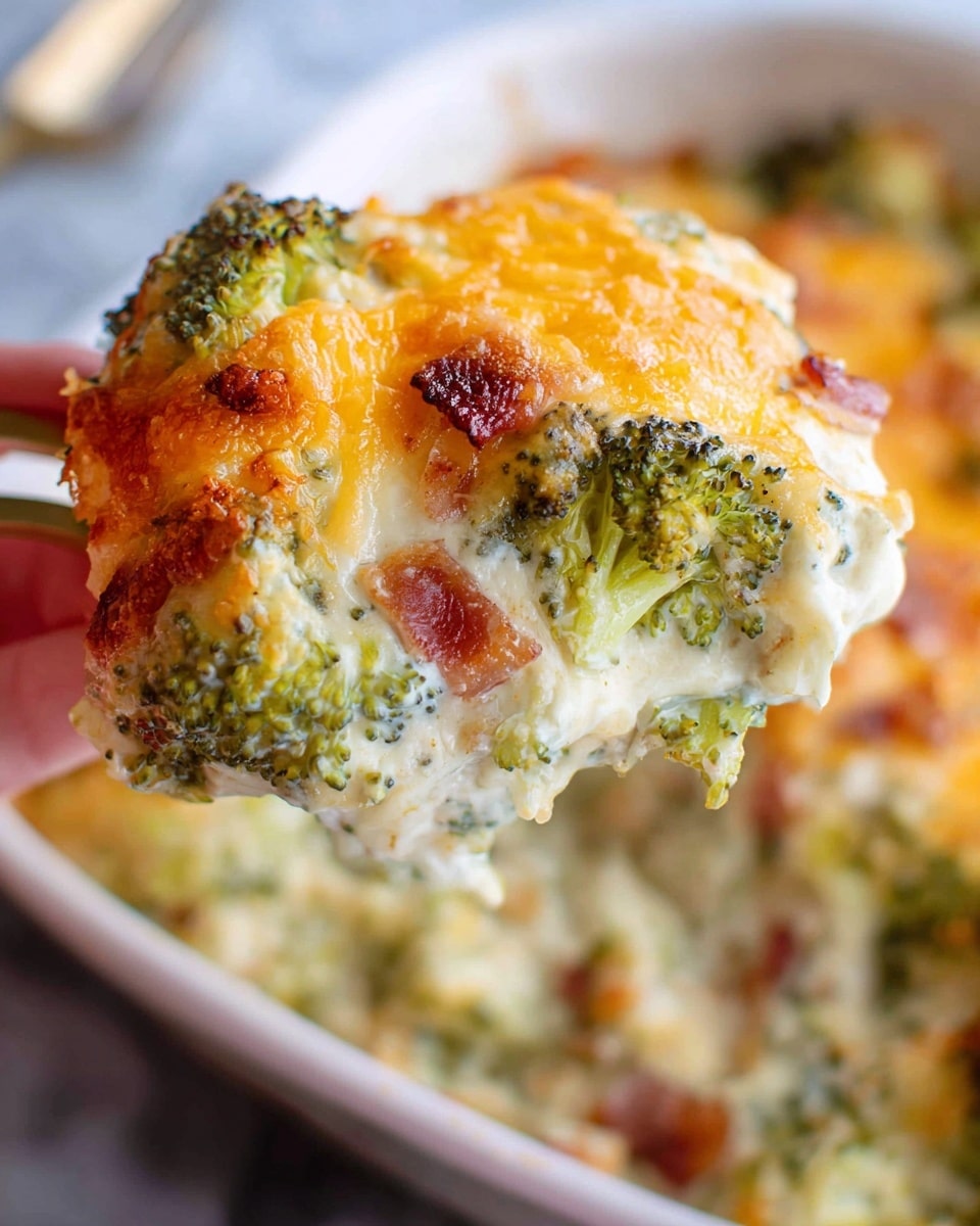 A close-up of a cheesy broccoli dish held by a woman's hand with an orange melted cheese layer on top, showing small brown spots, above a creamy white sauce layer mixed with broccoli florets that are light green with dark green tips. Small pieces of cooked bacon in reddish brown appear embedded in the cheese layer, and the background shows more of the casserole in soft focus on a white marbled surface. photo taken with an iphone --ar 4:5 --v 7