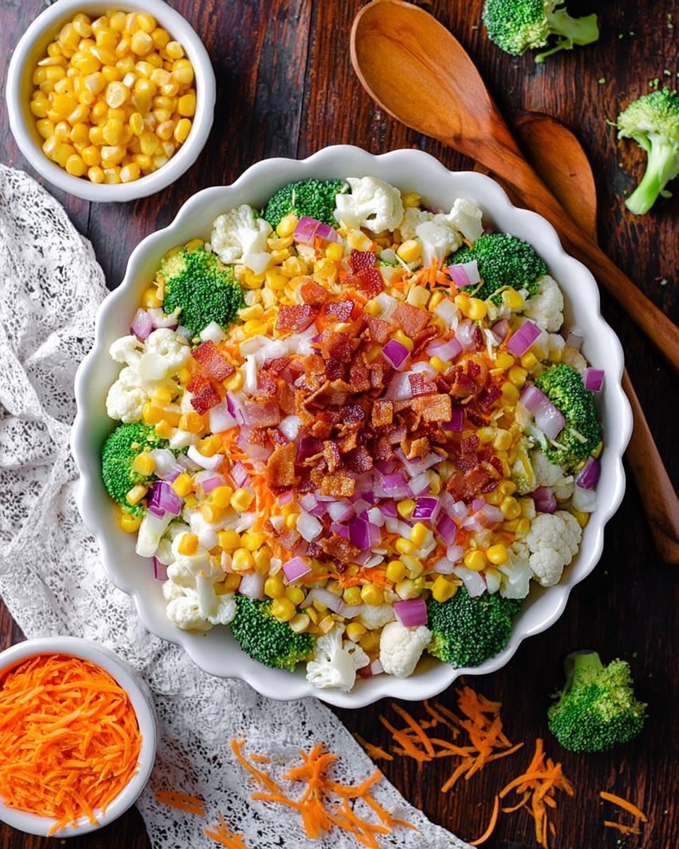 A large white scalloped ceramic dish is filled with a colorful layered salad. At the bottom are vibrant green broccoli florets and white cauliflower pieces, scattered across the dish. On top of the vegetables are bright yellow corn kernels and thin orange shredded carrots. Small purple onion cubes and crispy browned bacon bits are sprinkled evenly over the salad. The dish rests on a dark wooden surface with a white marbled texture visible around the edges, accompanied by two small white bowls—one with yellow corn kernels and one with shredded orange cheddar cheese. A wooden fork and spoon sit nearby, with some broccoli pieces and carrot shreds scattered around. photo taken with an iphone --ar 4:5 --v 7