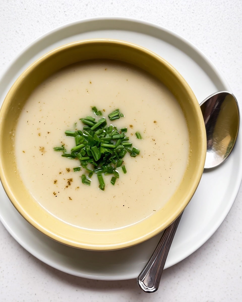 A smooth, creamy pale beige soup fills a yellow bowl, centered on a white plate with a shiny silver spoon resting on the right side. The soup is topped with a small pile of fresh, bright green chopped herbs in the middle, creating a nice color contrast. The bowl and plate are on a white marbled surface, which adds subtle texture to the clean background. The photo is taken overhead to show the dish clearly. photo taken with an iphone --ar 4:5 --v 7