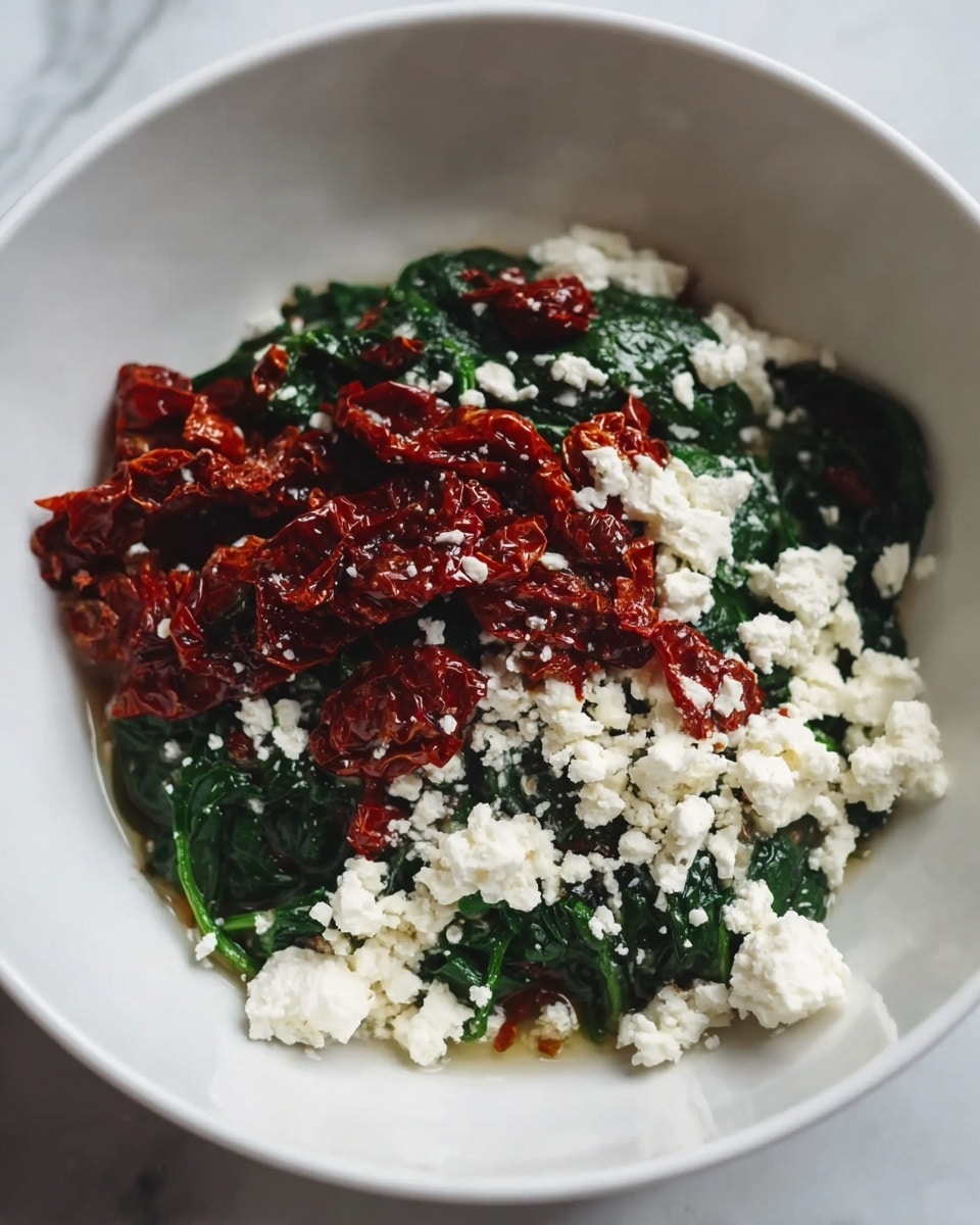 The dish shows three main layers inside a white bowl placed on a white marbled surface. The bottom layer consists of small pieces of dark red dried tomatoes with a wrinkled texture. Above this, there is a layer of cooked spinach that appears dark green, soft, and slightly shiny. The top layer is crumbled white cheese scattered unevenly over the spinach and some parts of the dried tomatoes. Photo taken with an iphone --ar 4:5 --v 7