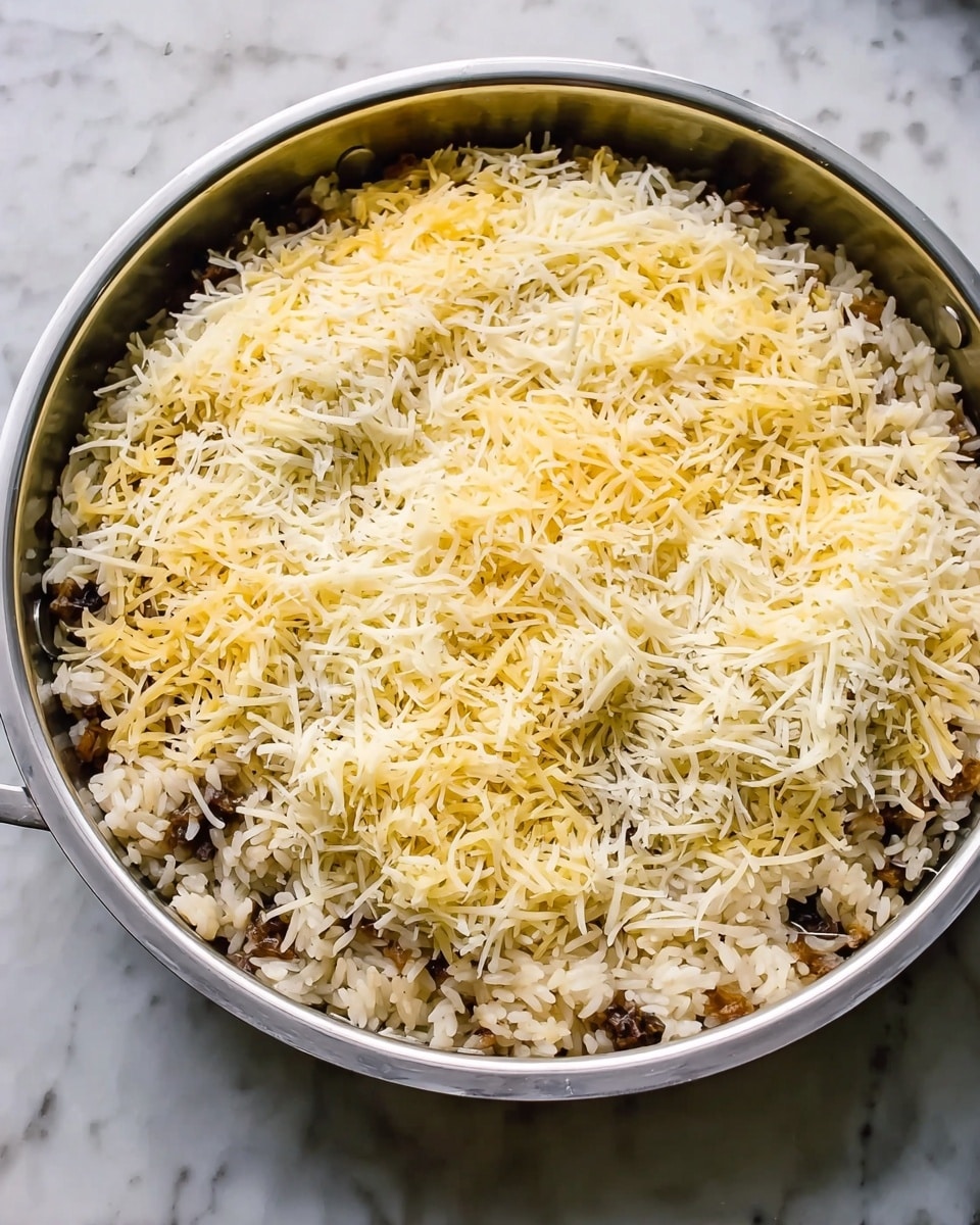A round silver pan filled with a layer of white and light brown rice at the bottom, mixed with small dark bits, possibly mushrooms or meat, covered by a thick layer of finely shredded cheese in shades of white and pale yellow spread evenly across the top. The pan sits on a white marbled surface with soft light shining on it. Photo taken with an iphone --ar 4:5 --v 7