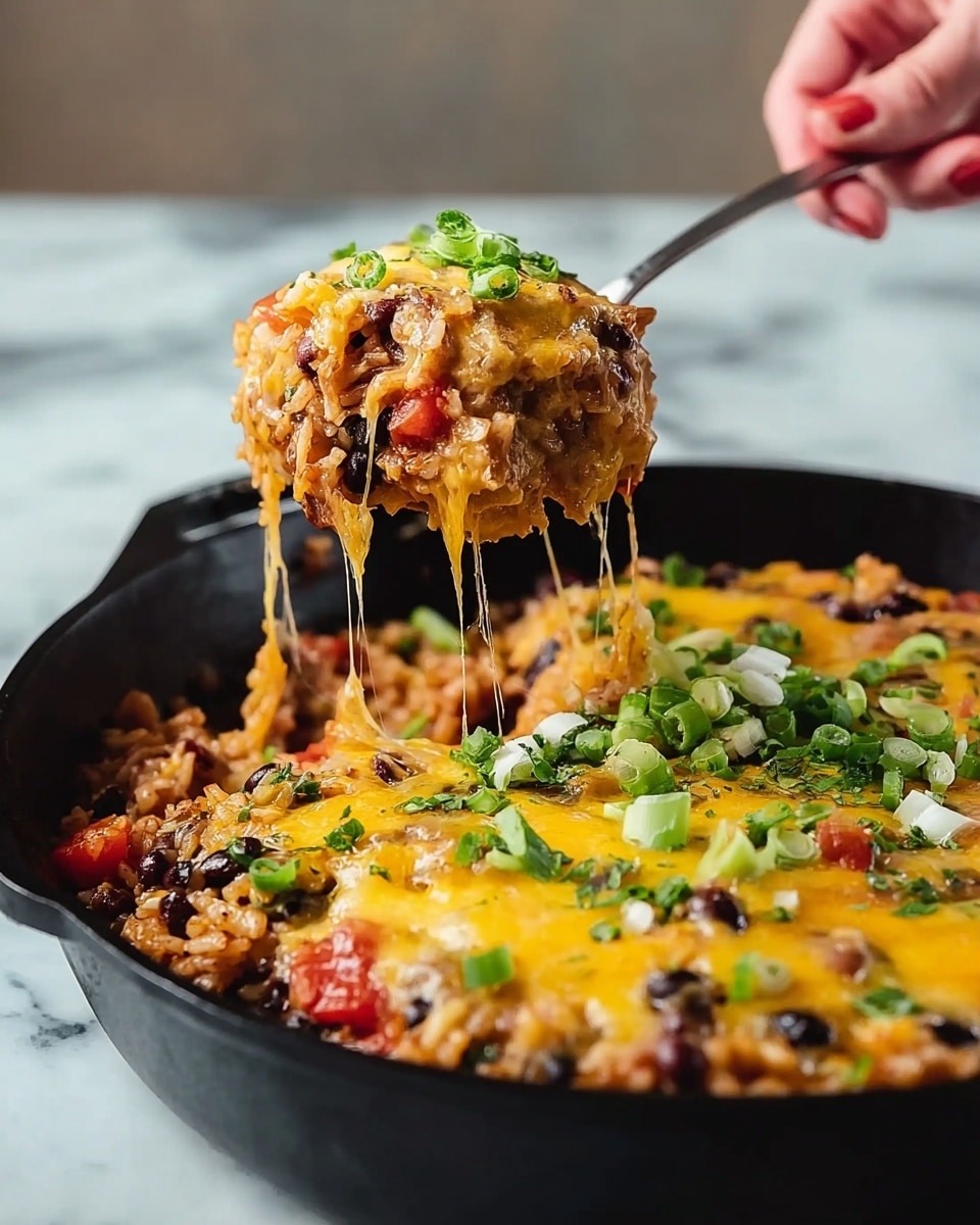 A close-up of a black skillet filled with a cheesy rice and bean dish. The dish has three main layers: the bottom layer is a mix of cooked rice with visible black beans and red tomato chunks; the middle layer is melted yellow cheese stretched from the skillet to a silver spoon lifting a scoop; the top layer includes chopped green onions and fresh herbs sprinkled evenly. The skillet sits on a white marbled surface and a woman's hand holds the silver spoon lifting a portion. Photo taken with an iphone --ar 4:5 --v 7