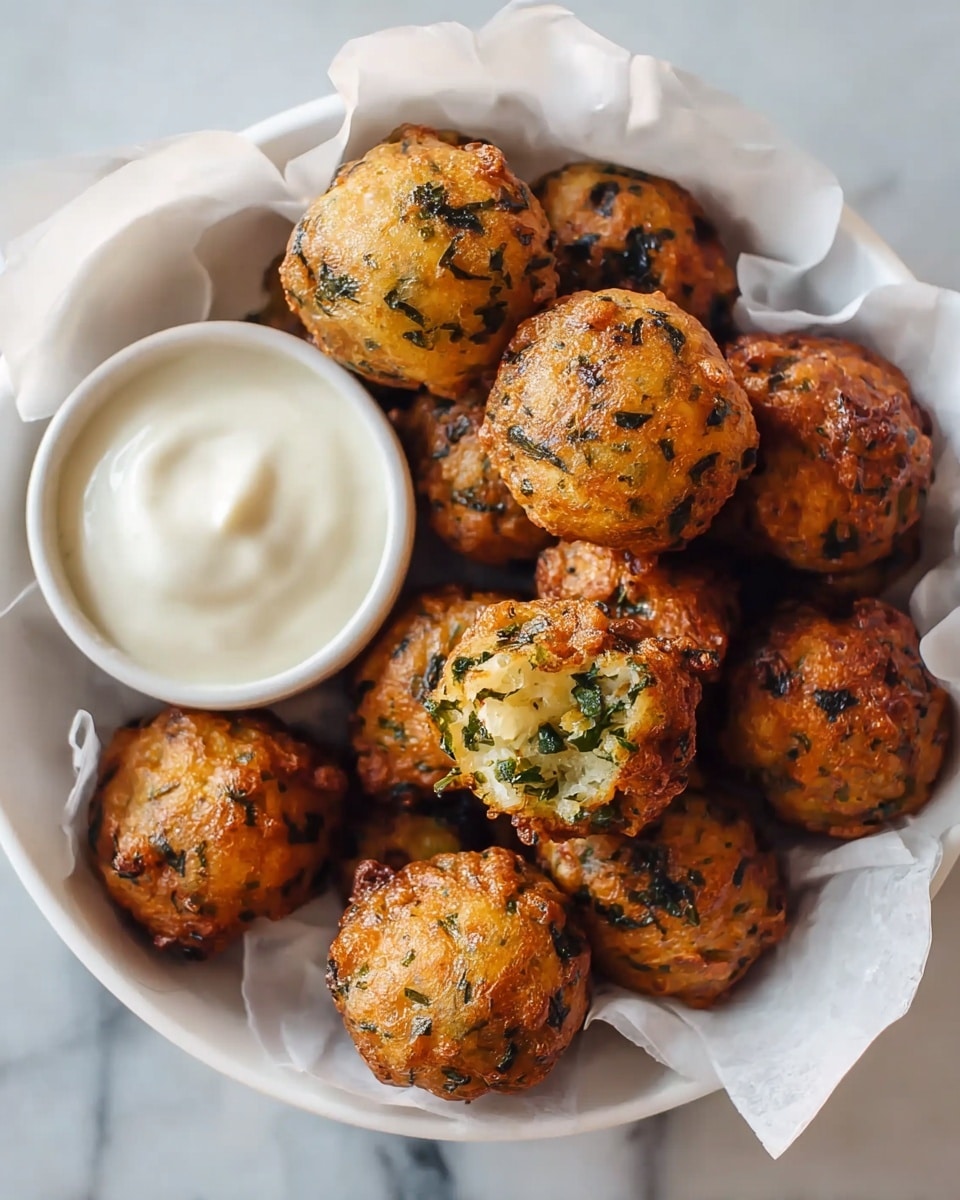 A white bowl lined with white paper holds around ten golden brown fritters with dark green herb bits baked into their rough textured surface. One fritter is dipped halfway into a small white bowl filled with creamy white sauce. The bowl sits on a white marbled surface in soft natural light. photo taken with an iphone --ar 4:5 --v 7