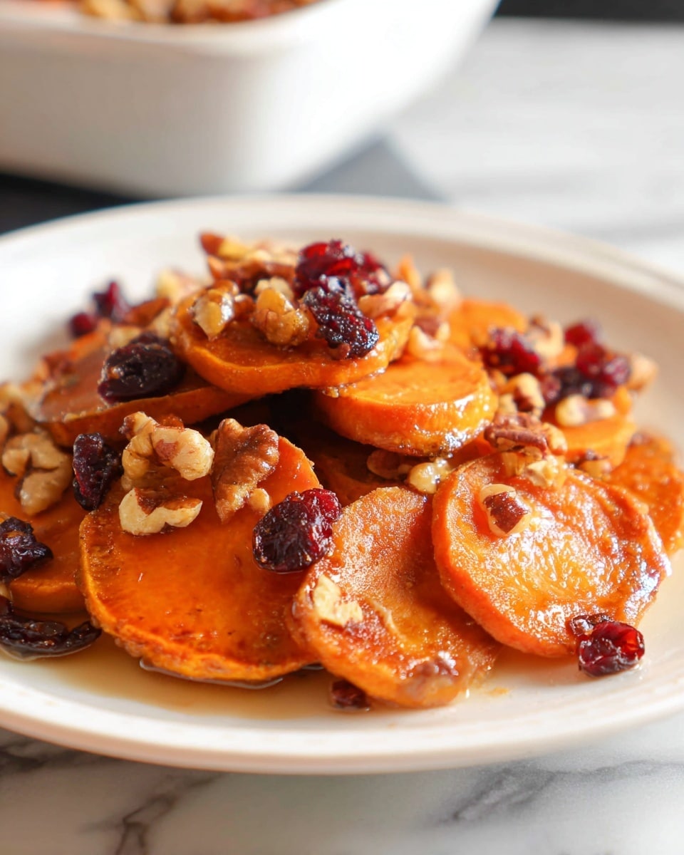 The image shows a white plate with a close-up of a cooked dish made of round, bright orange slices of sweet potatoes as the base layer, topped with smaller pieces of light brown nuts, and dark red dried cranberries scattered over all. The sweet potato slices have a shiny, glazed texture, making them look slightly sticky. The plate sits on a white marbled surface with a blurry white bowl in the background. photo taken with an iphone --ar 4:5 --v 7