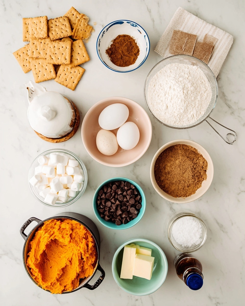 The image shows several baking ingredients laid out neatly on a white marbled surface. In the top left, there are whole and broken square graham crackers with a light golden brown color. Next to them is a small white bowl with a blue rim holding a brown spice powder. To the right, a small cloth-lined basket contains white flour. Below, a pale pink bowl is filled with packed brown sugar, and next to it, a light blue bowl holds bright orange mashed sweet potatoes. A small glass jar filled with dark chocolate chips is near the center, with a single white egg resting in a small wooden holder beside it. Small sticks of pale yellow butter are placed next to a white pot with two black handles containing white granulated sugar. A small glass salt shaker lies near a mint green bowl full of mini white marshmallows. A small wooden bowl holds a white powder, likely baking soda or baking powder. Finally, a small dark bottle with a blue cap is at the bottom right. All items are clearly separated and organized. Photo taken with an iphone --ar 4:5 --v 7