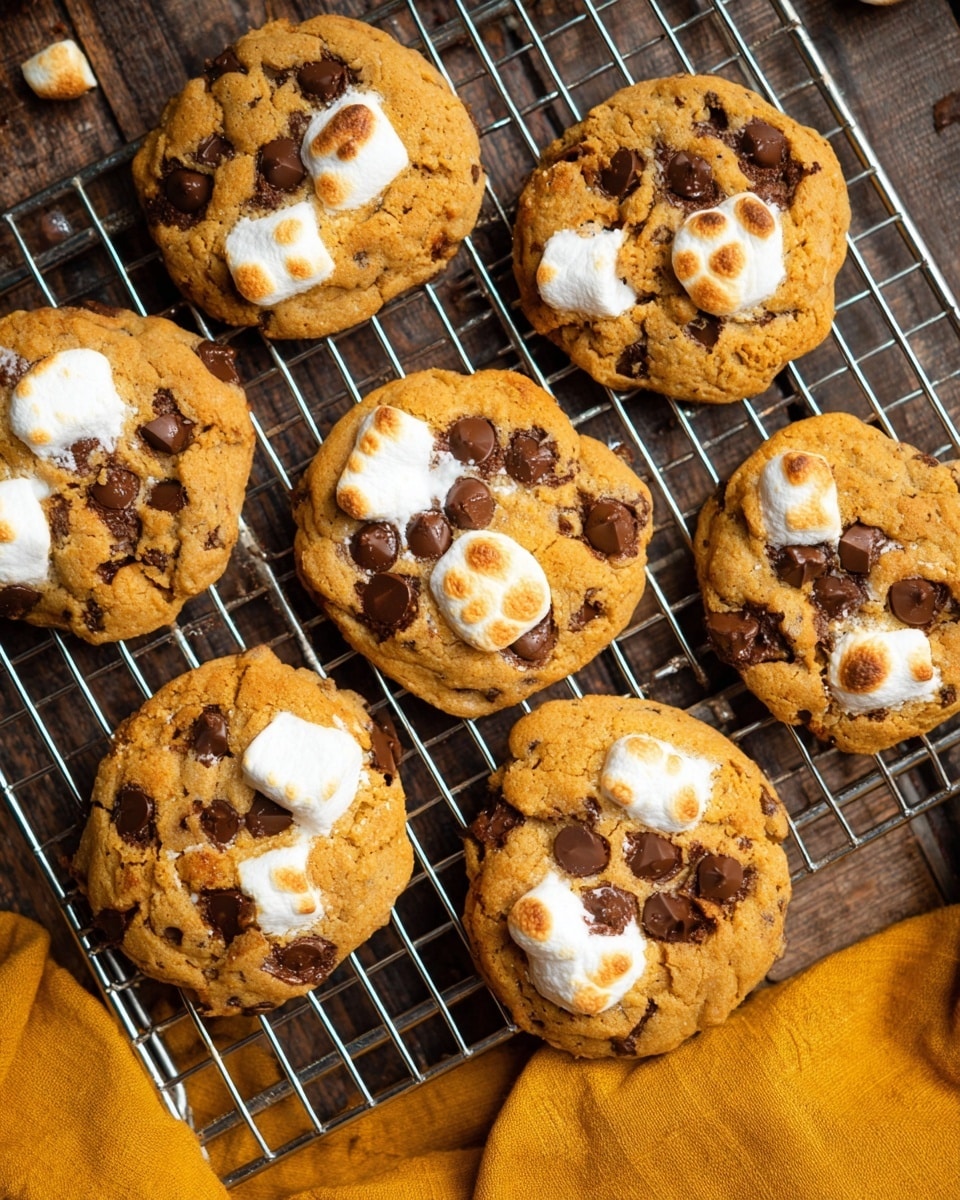 The image shows six warm, golden brown cookies placed on a silver cooling rack. Each cookie has melted white marshmallow spots and scattered dark chocolate chips on top, creating a mix of soft, gooey white and smooth dark brown textures against the slightly crispy light brown surface of the cookies. The rack sits on a dark wooden surface with a mustard yellow cloth partially visible at the bottom right. The overall look is cozy and fresh from the oven with the cookies’ uneven shapes and slight cracks showing their soft inside. Photo taken with an iphone --ar 4:5 --v 7