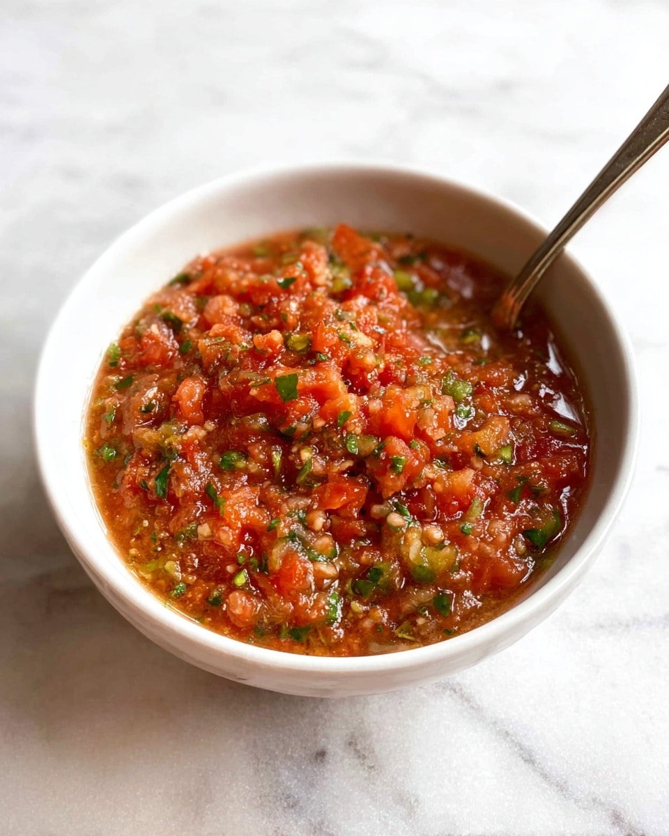 A white bowl filled with a chunky red salsa sits on a white marbled surface. The salsa shows many small pieces in a mix of red, green, and brown colors, suggesting chopped tomatoes and herbs like cilantro or parsley. There is some liquid around the chunks, making the salsa look juicy and fresh. Inside the bowl, on the right side, the tip of a spoon is visible with a shiny, metallic texture. The background is softly blurred showing more of the white marbled surface. photo taken with an iphone --ar 4:5 --v 7