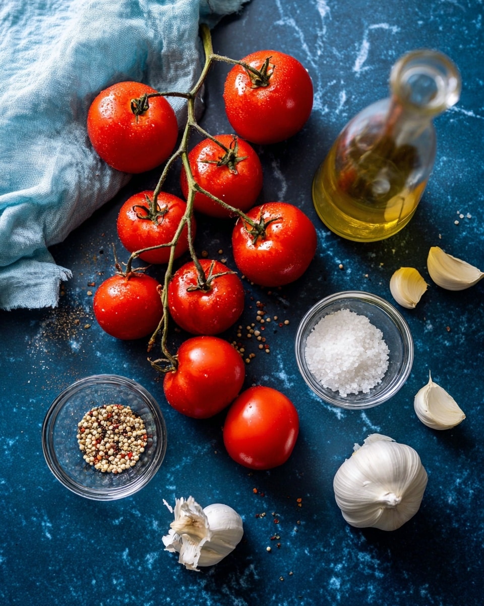 The image shows bright red tomatoes on the vine scattered across a dark blue surface with a clear glass bowl of black pepper on the left, another clear bowl with coarse white salt on the top right, and a third clear bowl with minced garlic near the bottom right. There are whole garlic cloves and a garlic bulb near the bottom right corner. A tall glass bottle of olive oil stands in the top right area, and a soft blue cloth is placed on the top left corner. The background is changed to a white marbled texture. photo taken with an iphone --ar 4:5 --v 7