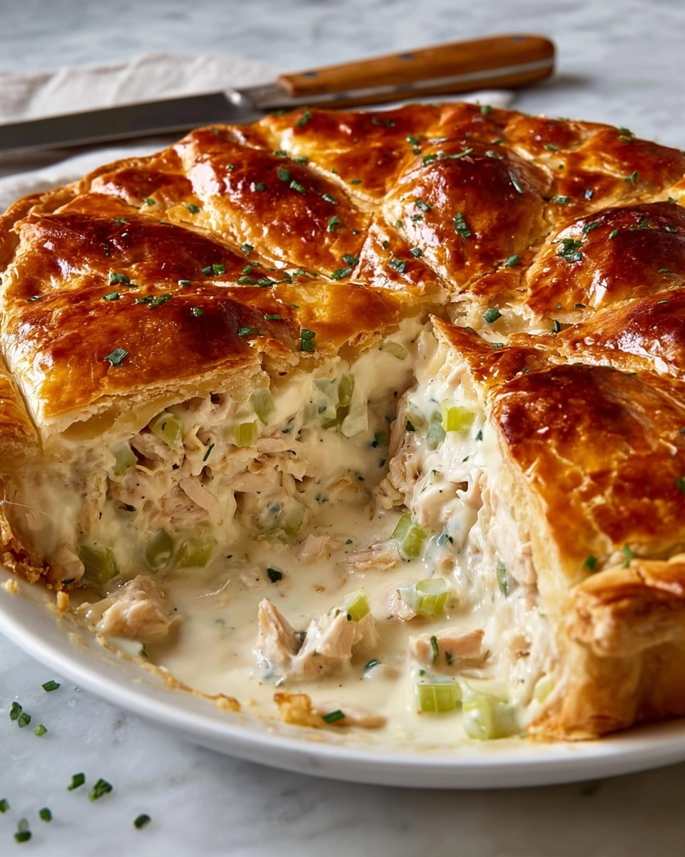 A golden brown pie with a shiny, flaky crust is shown sliced into pieces, revealing a thick creamy filling inside. The pie has a top layer of crust that is browned and slightly puffed with small green herb sprinkles on top. Inside, the filling shows layers of white creamy sauce mixed with chunks of light beige meat and small pieces of green celery. The pie sits on a white plate with some filling spilled on the plate, all placed on a white marbled surface. A knife with a wooden handle rests behind the pie. photo taken with an iphone --ar 4:5 --v 7