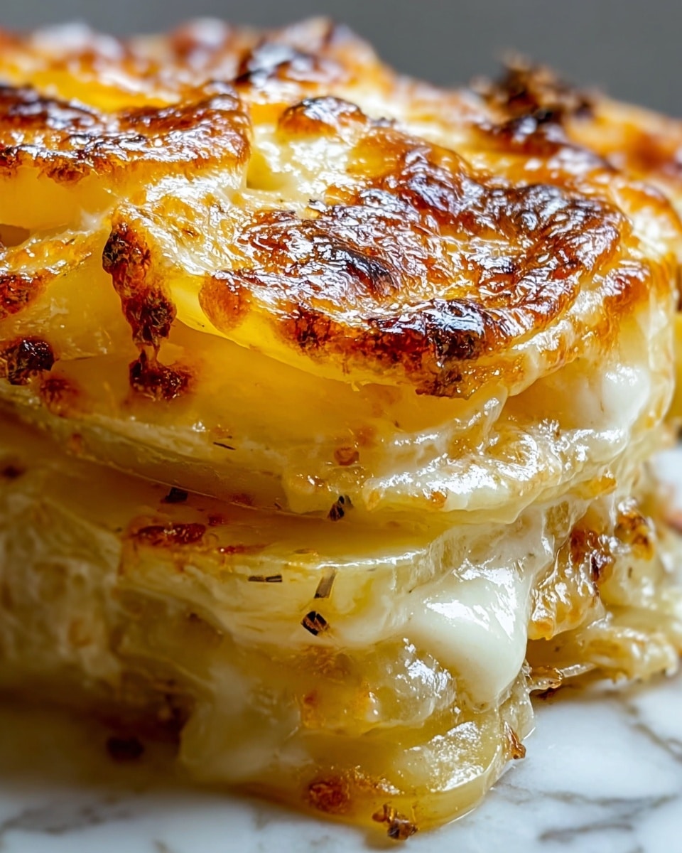 The image shows a close-up of a stack of three onion slices covered with melted cheese. Each onion layer is translucent white with light brown edges, and the cheese is creamy white with a golden-brown, crispy top layer that looks slightly bubbled and toasted. The cheese is melting down the sides and creating smooth, shiny drips. The layers of onion and cheese alternate clearly, with the cheese's creamy texture contrasting with the slightly firm onion. The dish is placed on a white surface with a white marbled texture. Photo taken with an iphone --ar 4:5 --v 7