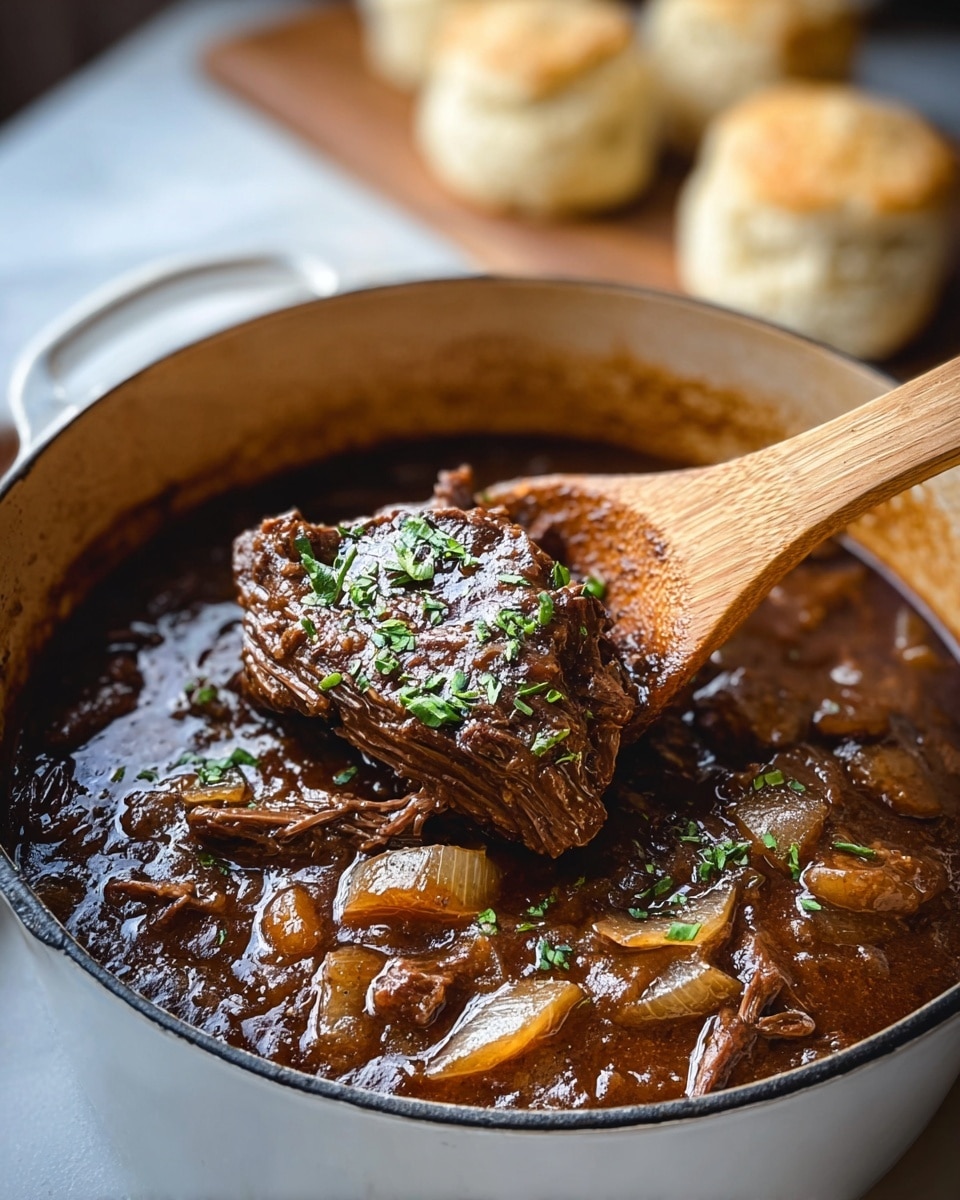 Inside a white pot, there is a dark brown stew with a large piece of tender meat in the center, topped with small chopped green herbs. Around the meat, there are translucent cooked onion pieces mixed in the rich, thick sauce. A wooden spoon is lifting part of the meat from the stew, showing its texture. In the blurred background, there are soft biscuits on a white marbled surface. Photo taken with an iphone --ar 4:5 --v 7