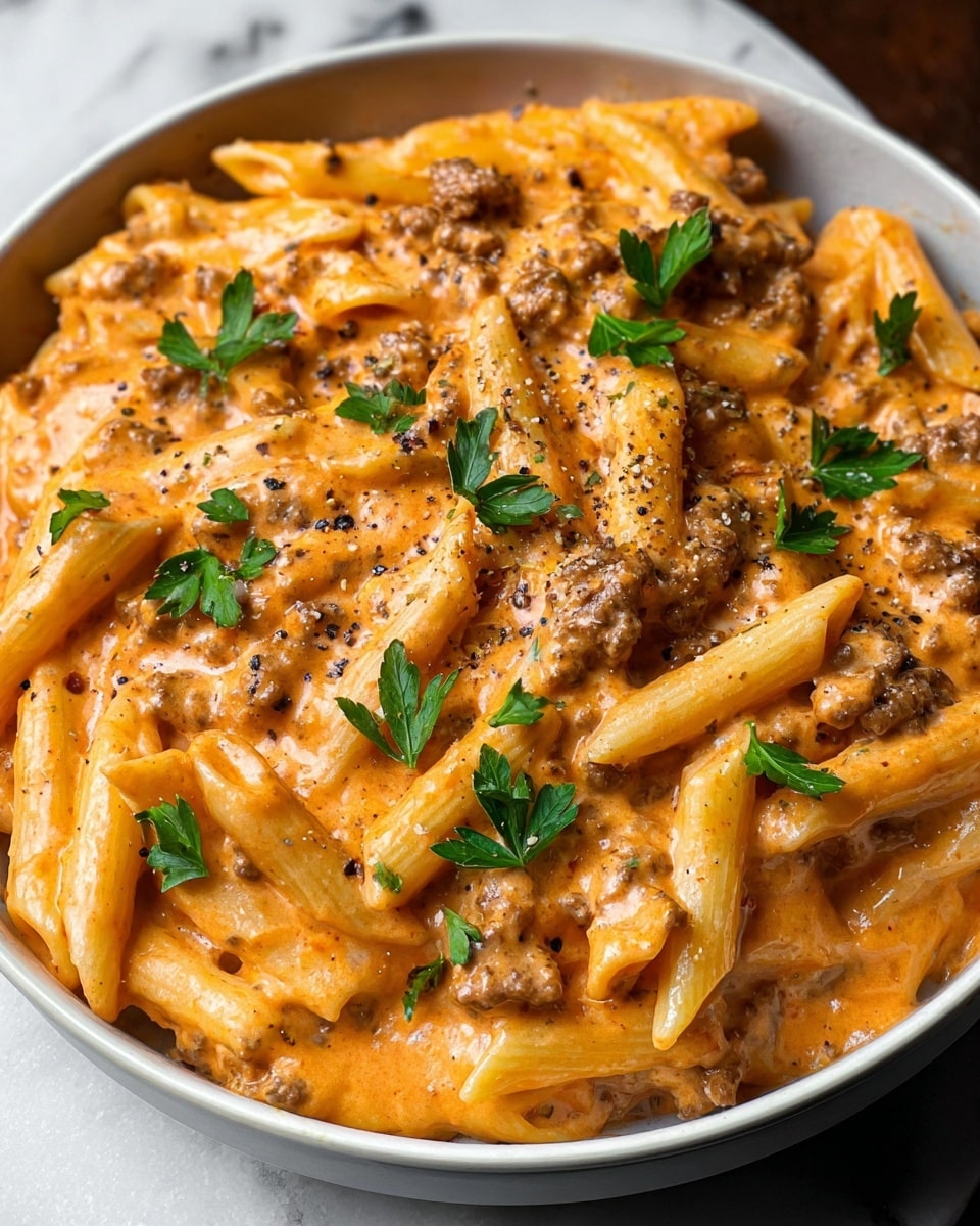 The image shows a close-up of one layer of creamy pasta in a white bowl. The pasta is short, tube-shaped penne, coated evenly in a thick, smooth, orange-colored sauce. Mixed throughout are small, browned pieces of ground beef that add texture and depth. Bright green parsley leaves are scattered on top, contrasting with the creamy sauce. The dish is sprinkled with black pepper bits, enhancing its flavor visually. The bowl sits on a white marbled surface. photo taken with an iphone --ar 4:5 --v 7