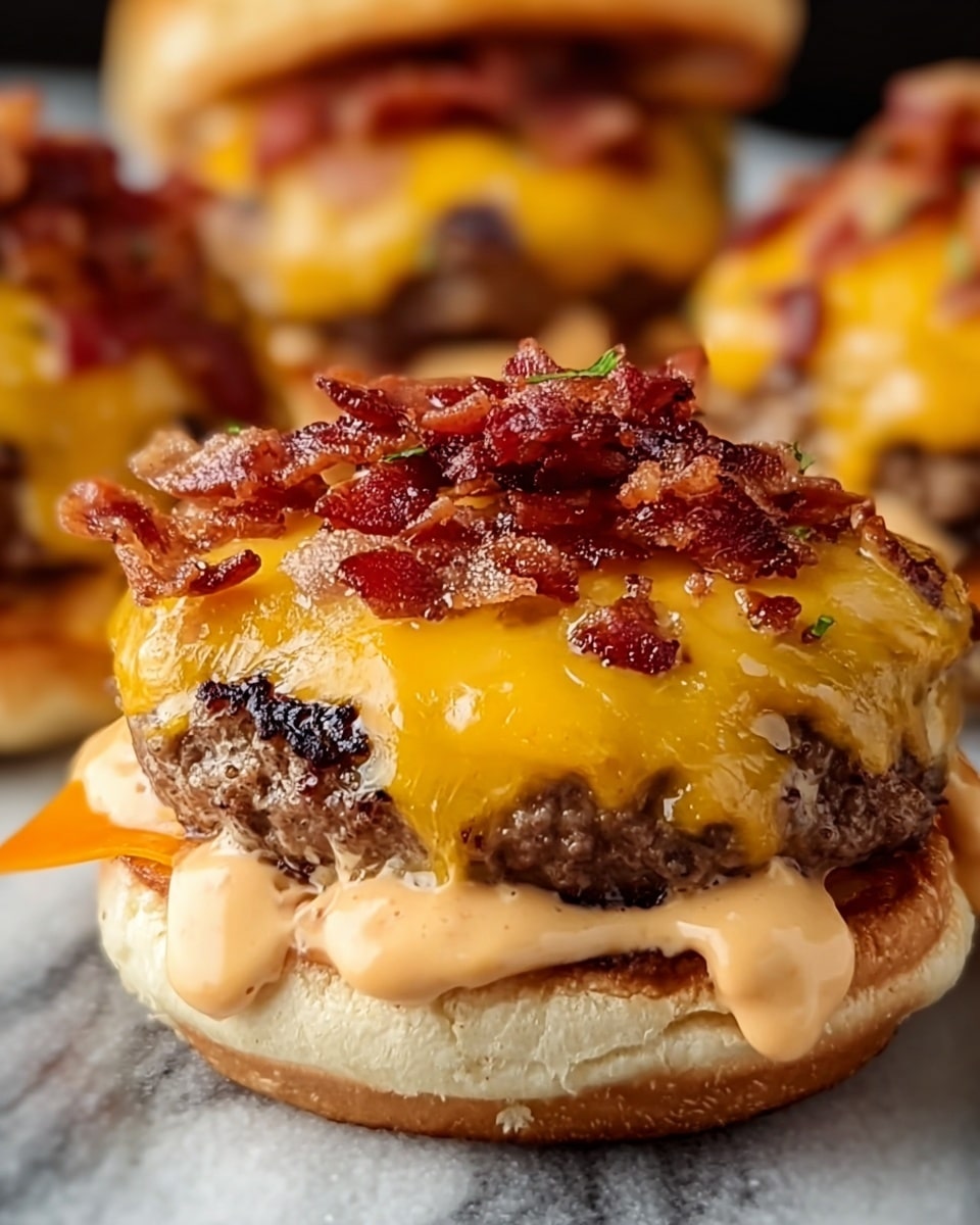 A close-up of a burger with four main layers visible; at the bottom is a toasted bun with a golden-brown color, an orange slice of melted cheese on top, then a thick, juicy beef patty with grill marks, covered by dripping creamy sauce in light orange. Above the sauce is a bright yellow melted cheddar cheese layer, and on top of that, crispy bits of reddish-brown bacon scattered evenly. The burger is on a white marbled surface with other similar burgers blurred in the background. photo taken with an iphone --ar 4:5 --v 7