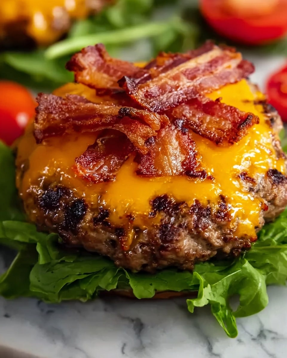 The image shows a close-up of a cheeseburger patty on a bed of fresh green lettuce, placed on a white marbled surface. The patty is thick and grilled with a slightly charred texture, topped with a bright orange melted cheese layer covering the surface. On top of the cheese, there are several strips of cooked bacon, arranged in a crisscross pattern, adding a crispy and reddish-brown contrast. Around the burger, you can see blurred pieces of red tomato and more green leaves in the background, all set against the white marbled texture. Photo taken with an iphone --ar 4:5 --v 7