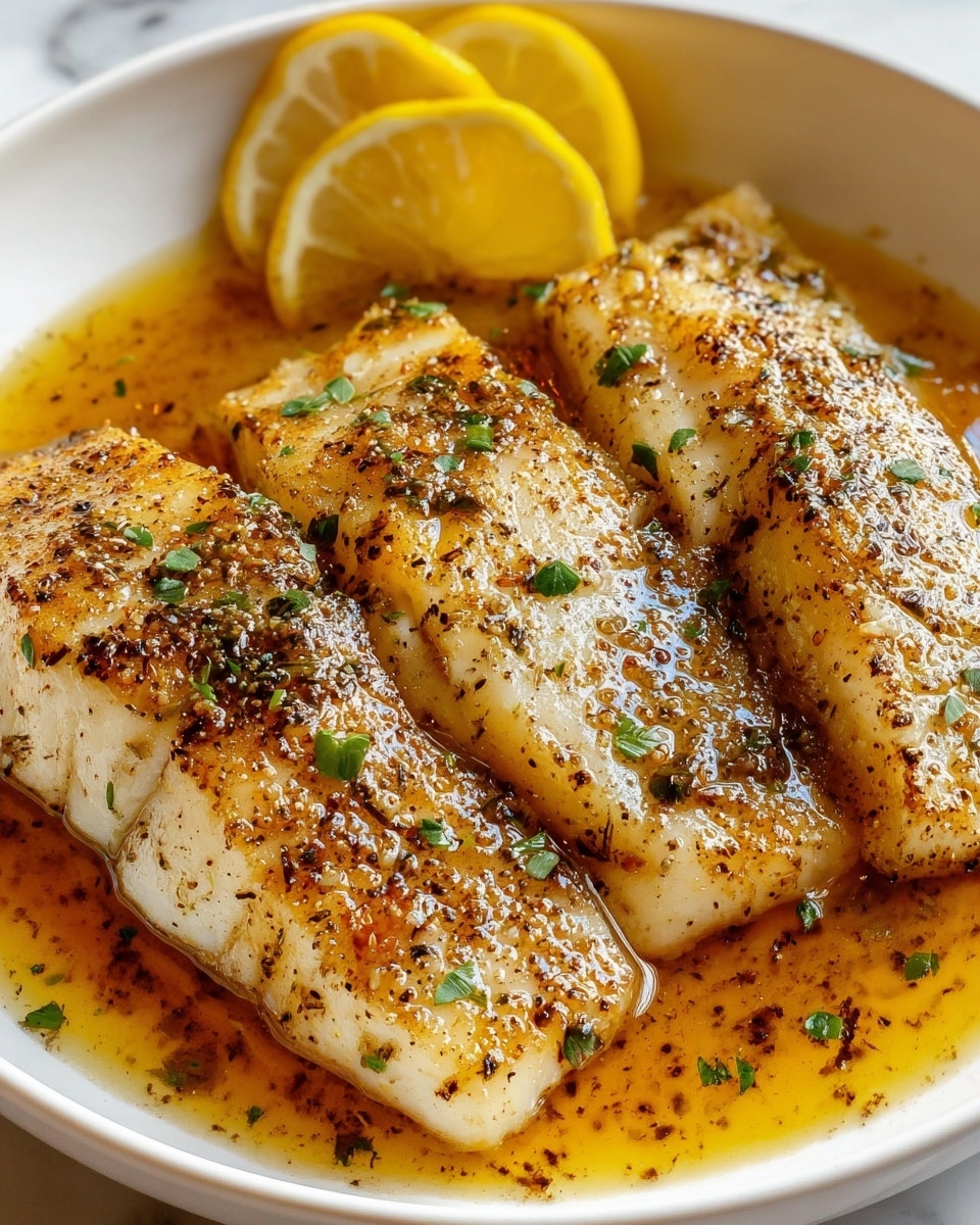 The image shows three cooked white fish fillets, lightly browned and seasoned with black pepper and small green herb pieces, lying side by side in a shallow pool of golden-brown sauce inside a white bowl. Two lemon wedges rest on the side of the bowl, adding a bright yellow contrast to the warm tones of the fish and sauce. The background is a white marbled texture. photo taken with an iphone --ar 4:5 --v 7