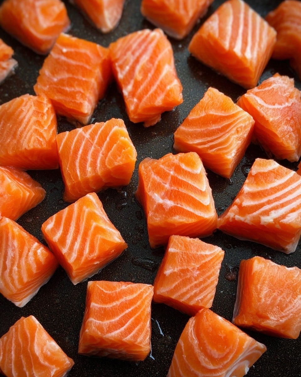 Small cubes of raw salmon lay spread out on a black pan. Each cube shows bright orange flesh with lighter, creamy white lines of fat running through it. The salmon pieces appear fresh, glistening with a bit of moisture, and some oil drops can be seen on the pan around them. The background is a white marbled texture. photo taken with an iphone --ar 4:5 --v 7
