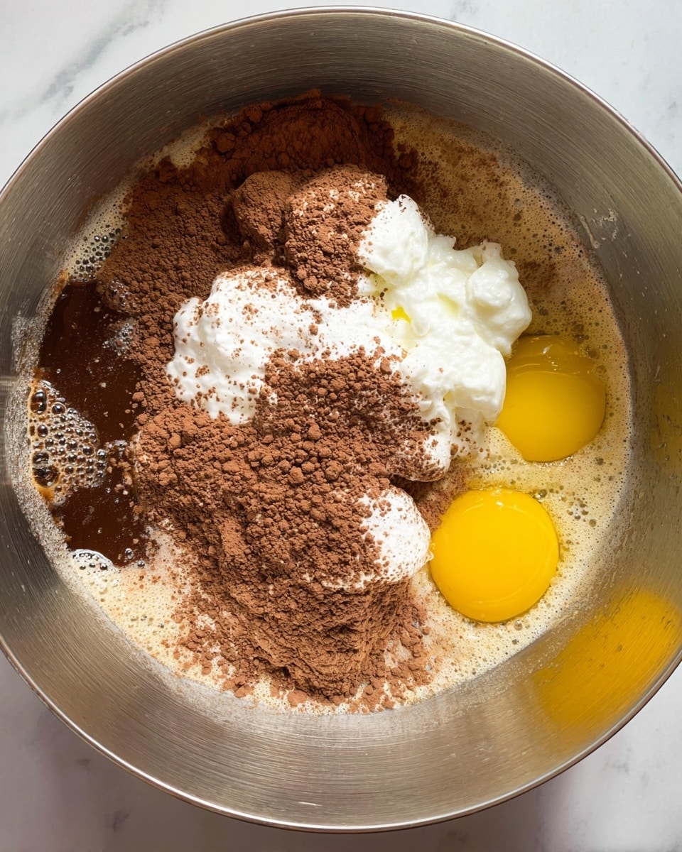 In a large silver mixing bowl on a white marble surface, there are six visible layers of ingredients: two bright yellow egg yolks in clear whites at the bottom right, a thick dollop of white creamy yogurt near the top center, and a loose layer of light brown cocoa powder sprinkled unevenly across the bottom and center. The bottom left shows a dark brown liquid, likely melted chocolate or coffee, with bubbles, and some wet beige batter can be seen beneath the cocoa powder. The bowl's inside has a smooth, metallic texture with soft light reflections. Photo taken with an iphone --ar 4:5 --v 7