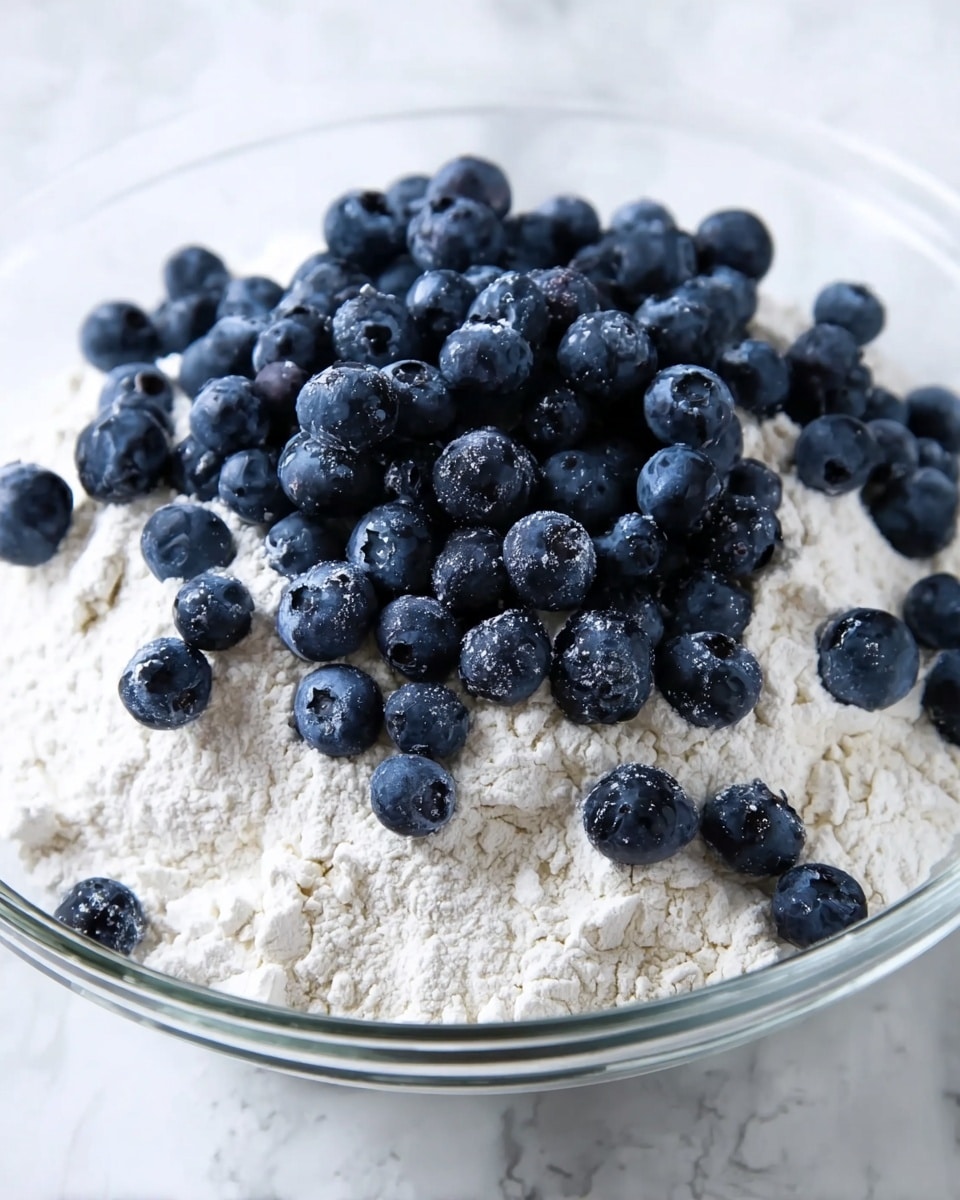 A clear glass bowl holds a mix of white flour and fresh dark blue blueberries. The flour forms the bottom layer, looking powdery with a soft texture, while the blueberries sit piled on top in a bunch and scattered around the edges, showing their round shape and deep blue color with slight white powder dusting on a few. The background features a white marbled surface, giving a clean and bright look. photo taken with an iphone --ar 4:5 --v 7