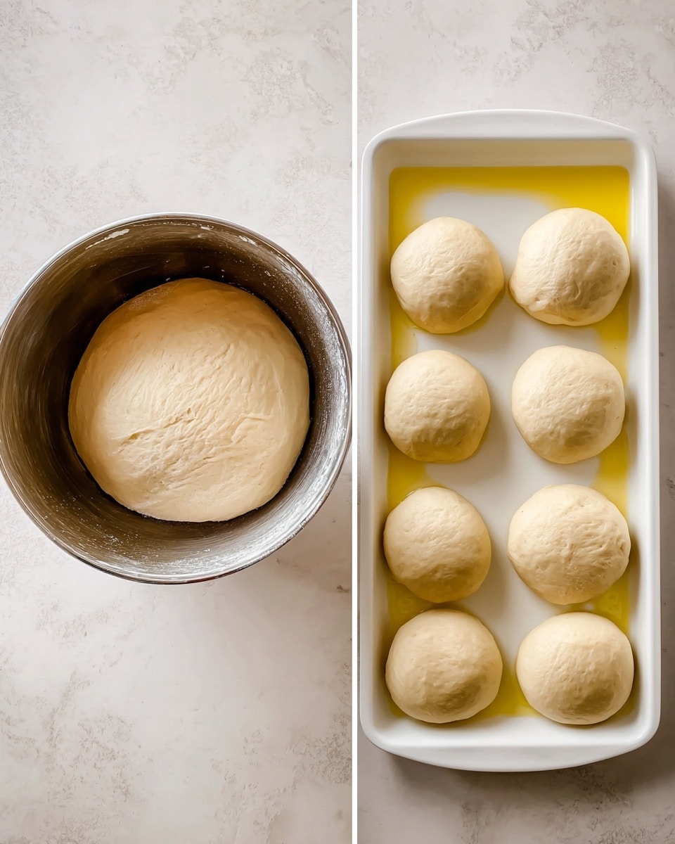 On the left side, there is a metal mixing bowl with a smooth, light beige dough ball sitting at the bottom, showing some slight creases and texture, placed on a white marbled surface. On the right side, a white tray holds six round dough balls spaced evenly apart, each with a smooth, pale surface and a slightly puffed-up shape, resting on a thin layer of yellow oil on the bottom of the tray, all set on the same white marbled surface. photo taken with an iphone --ar 4:5 --v 7