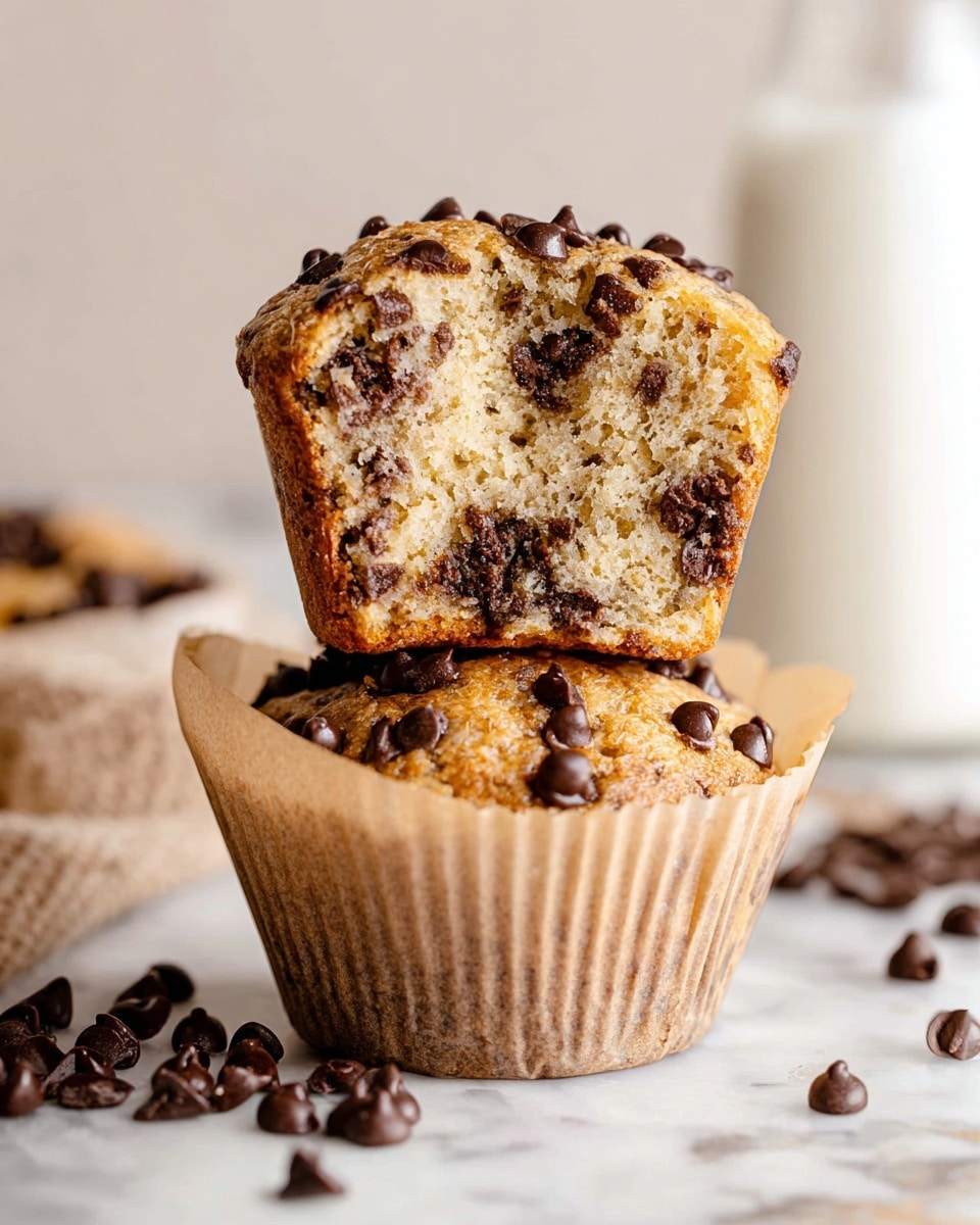 Two chocolate chip muffins are shown stacked on a white marbled surface. The bottom muffin is fully wrapped in light brown parchment paper, its golden-brown textured top sprinkled with small melted chocolate chips. The top muffin is cut in half and placed upside down on the bottom muffin, revealing a soft, light beige inside filled evenly with dark chocolate chips. More chocolate chips are scattered around the base, and a blurred glass bottle of milk is in the background. The scene is bright and warm, with a focus on the muffins' soft and crumbly texture. photo taken with an iphone --ar 4:5 --v 7