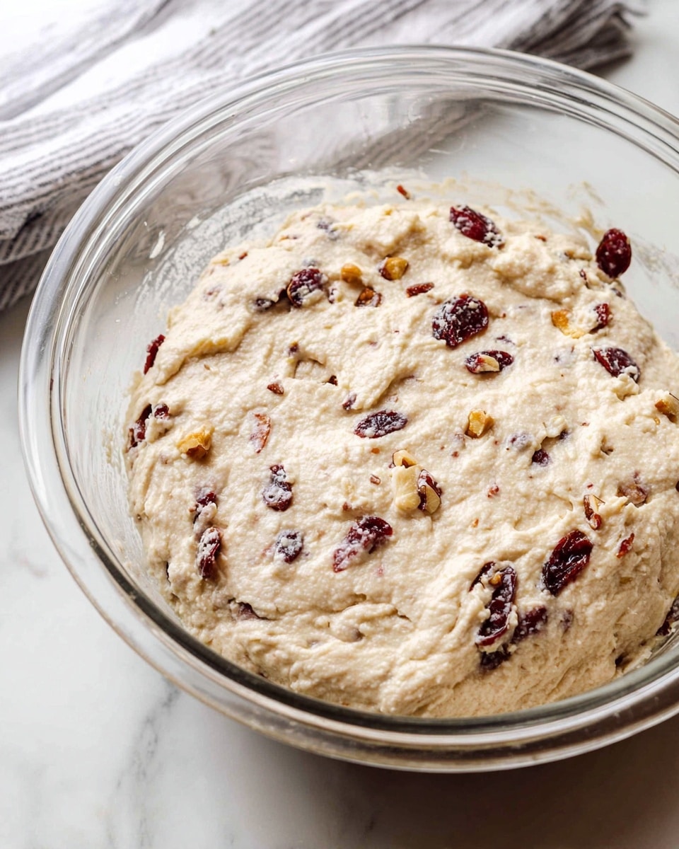 A clear glass bowl is filled with thick, light beige dough mixed with visible pieces of dark red dried fruits and small chunks of light brown nuts evenly spread inside. The dough looks soft and slightly bumpy in texture with a few air pockets. The bowl sits on a white marbled surface with a grey and white striped cloth partially visible in the background. Photo taken with an iphone --ar 4:5 --v 7