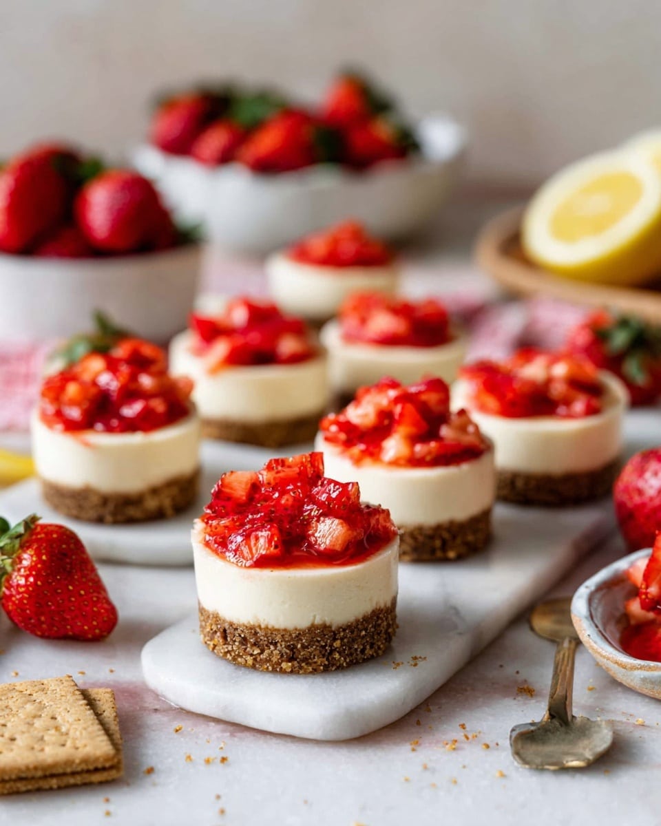 The image shows small round cheesecakes, each with three clear layers: a brown crumbly bottom layer, a thick creamy white middle layer, and a topping of bright red strawberry pieces that glisten. The cheesecakes are arranged on a white marbled surface, with fresh whole strawberries scattered around. In the background, there is a white bowl filled with more red strawberries and a spoon inside it. Some lemon slices and graham crackers are also partially visible, adding extra color and texture. Photo taken with an iphone --ar 4:5 --v 7