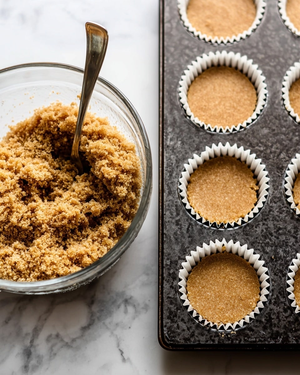 The image shows two parts: on the left, a clear glass bowl filled with a crumbly, light brown mixture that looks grainy and sandy in texture, with a spoon standing upright inside the bowl. On the right, there is a close-up of a dark metal muffin tray holding several white paper liners, each filled with a pressed-down layer of the same crumbly light brown mixture forming a flat, even base in the cups. Both parts rest on a white marbled surface. Photo taken with an iphone --ar 4:5 --v 7