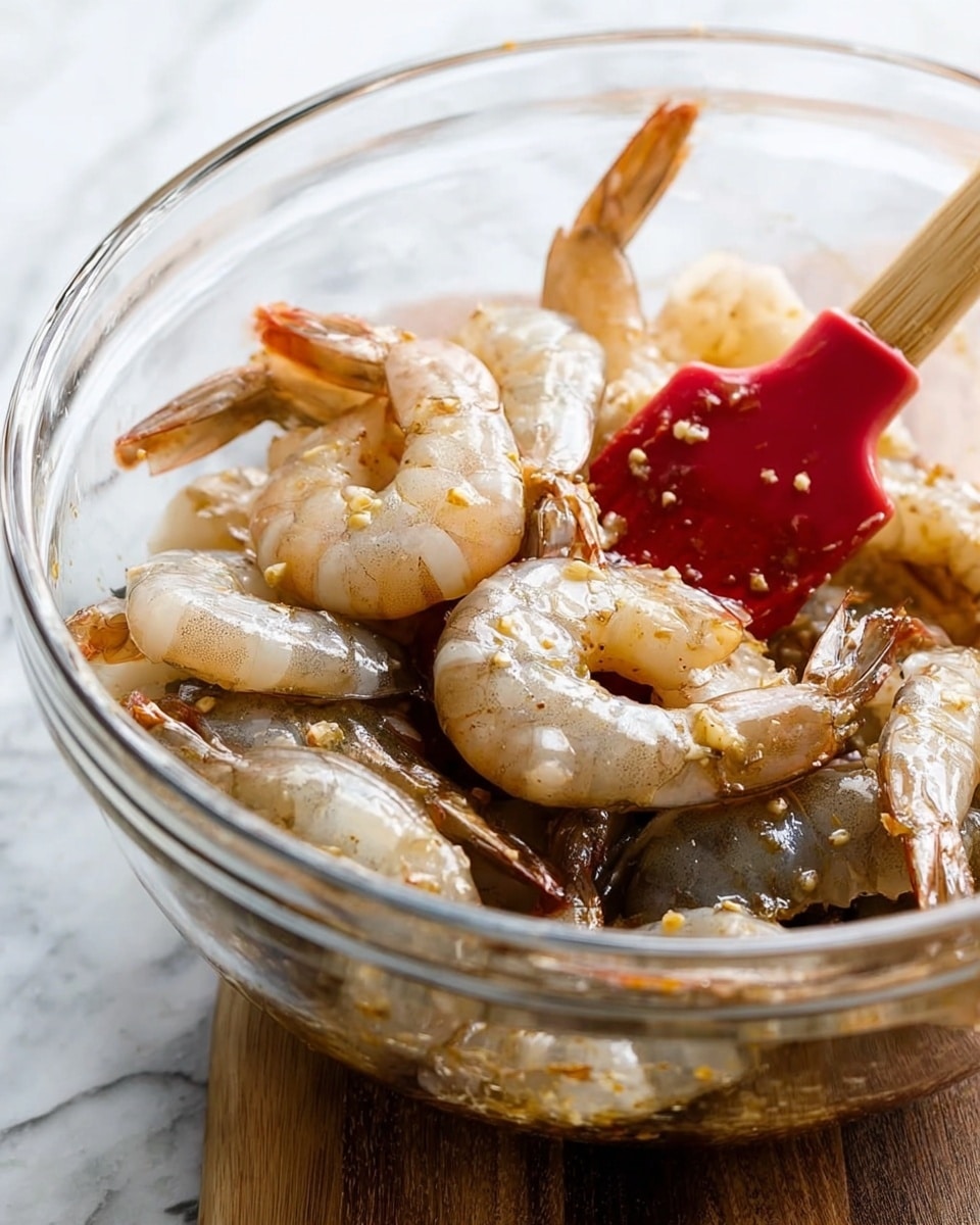 A clear glass bowl filled with many raw shrimp, each shrimp showing a mix of gray, white, and brown colors with some visible texture of shells and tails. The shrimp are covered in a light sauce with small bits of garlic or seasoning. A red silicone spatula with a wooden handle is inside the bowl, slightly lifting some shrimp. The bowl sits on a white marbled surface. photo taken with an iphone --ar 4:5 --v 7