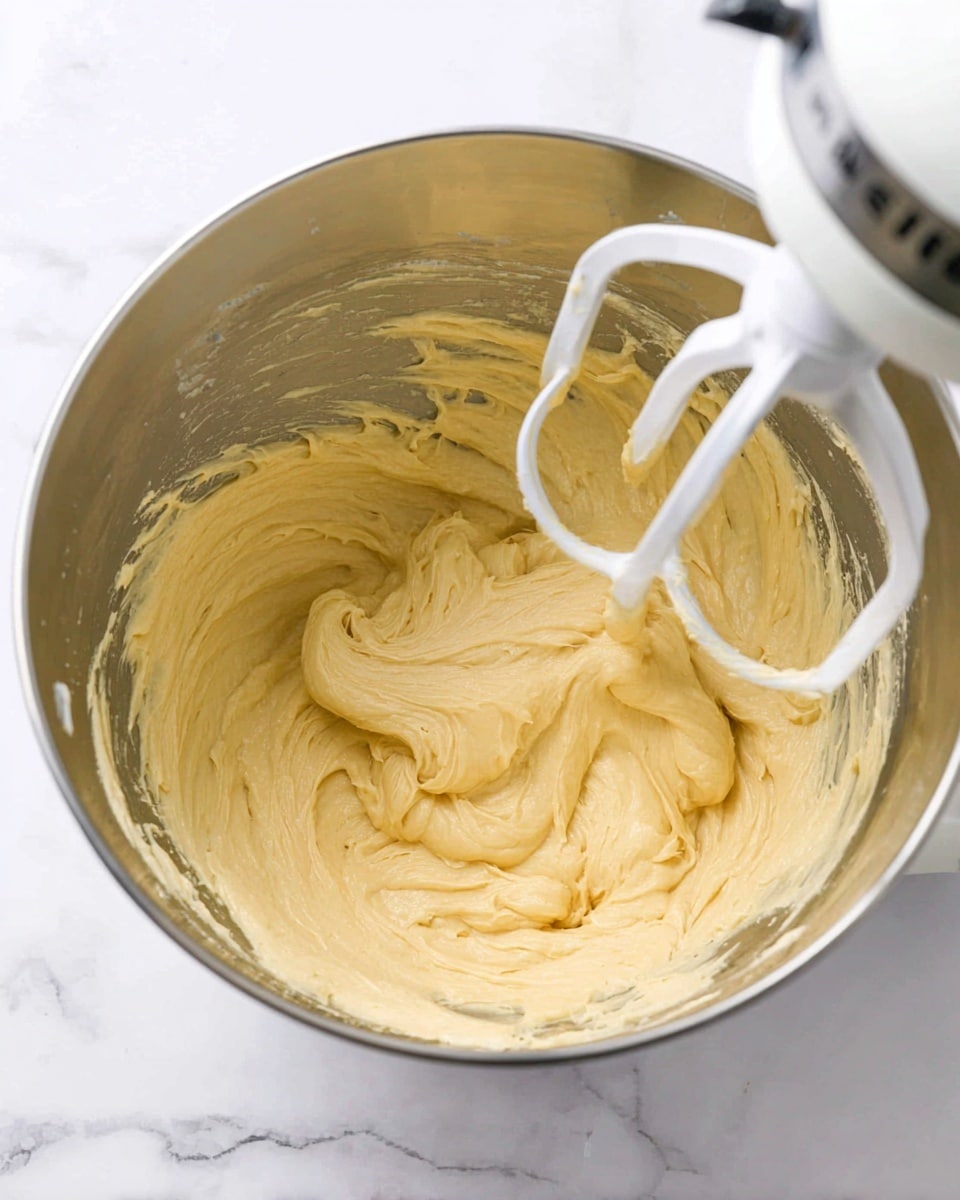 A shiny silver mixing bowl shows a thick, pale yellow batter with a smooth and creamy texture inside. A white mixer paddle is partially submerged in the batter, lifting some of it, creating soft, flowing folds and peaks. The batter fills the bowl about halfway, and the inside of the bowl has some streaks of batter clinging to it. The bowl rests on a white marbled surface. photo taken with an iphone --ar 4:5 --v 7