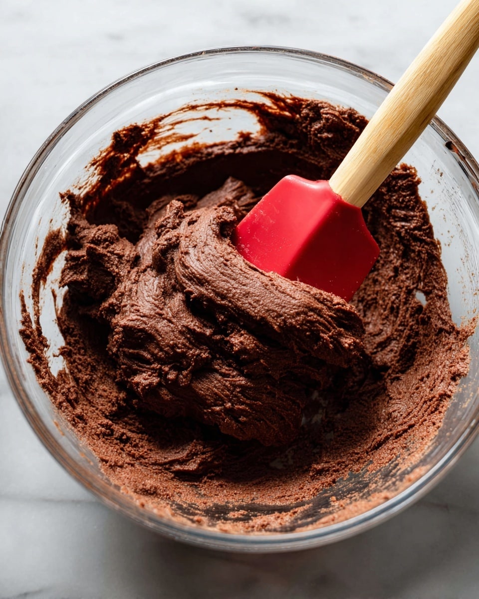 Inside a clear glass bowl, there is a thick, dark brown chocolate dough with a somewhat rough and soft texture that fills the bottom layer of the bowl. A red silicone spatula with a light wooden handle is partially stuck in the dough, resting on the right side, showing smooth and creamy folds in the dough around it. The bowl is placed on a white marbled surface, adding brightness to the image. The scene is close up and focused on the dough and spatula with natural light highlighting the texture of the dough and the shine on the bowl. Photo taken with an iphone --ar 4:5 --v 7