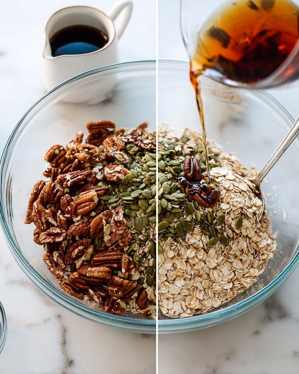 A clear glass bowl sits on a white marbled surface, holding three main layers: a bottom layer of light beige rolled oats, a middle layer of green pumpkin seeds, and a top layer of brown pecan nuts. A silver spoon is partially visible inside the bowl. In the second view, a dark amber syrup is being poured over the nut and seed mixture, blending with the oats. Nearby are a small clear glass cup with dark liquid and a white sauce pitcher with more dark syrup. Photo taken with an iphone --ar 4:5 --v 7