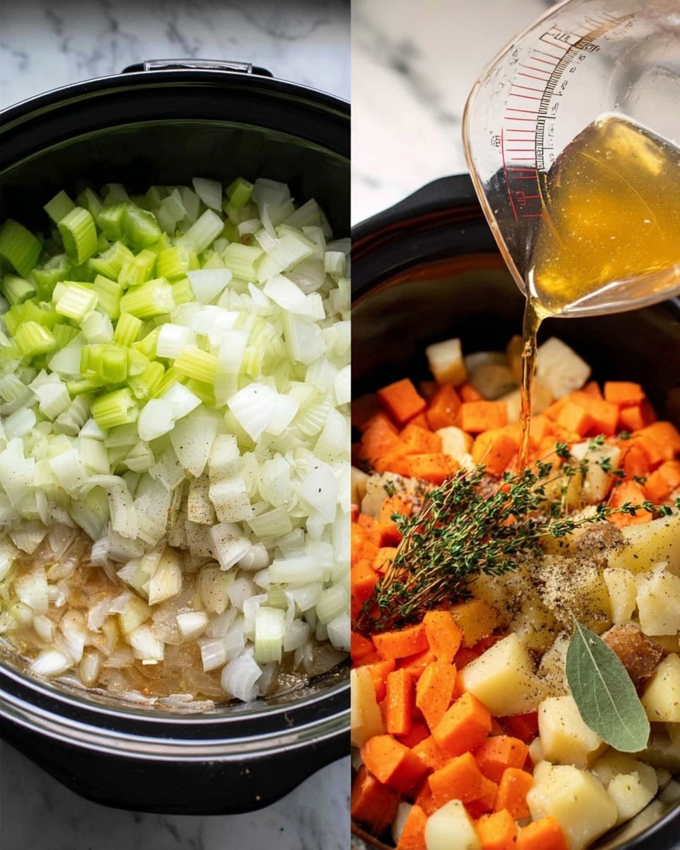 The left image shows a frying pan on a stove filled with chopped white onions and green celery pieces. The onions have large, translucent white chunks, and the celery is bright green with a crisp texture, sitting on top of the onions. The right image shows a close-up of a slow cooker filled with chunky layers of chopped onions, celery, diced orange carrots, and small potato cubes. On top of these is a sprinkle of black pepper, minced garlic, and fresh green herb sprigs, likely thyme and a bay leaf. A transparent measuring cup is pouring a golden yellow liquid into the pot. The background surface is a white marbled texture. photo taken with an iphone --ar 4:5 --v 7