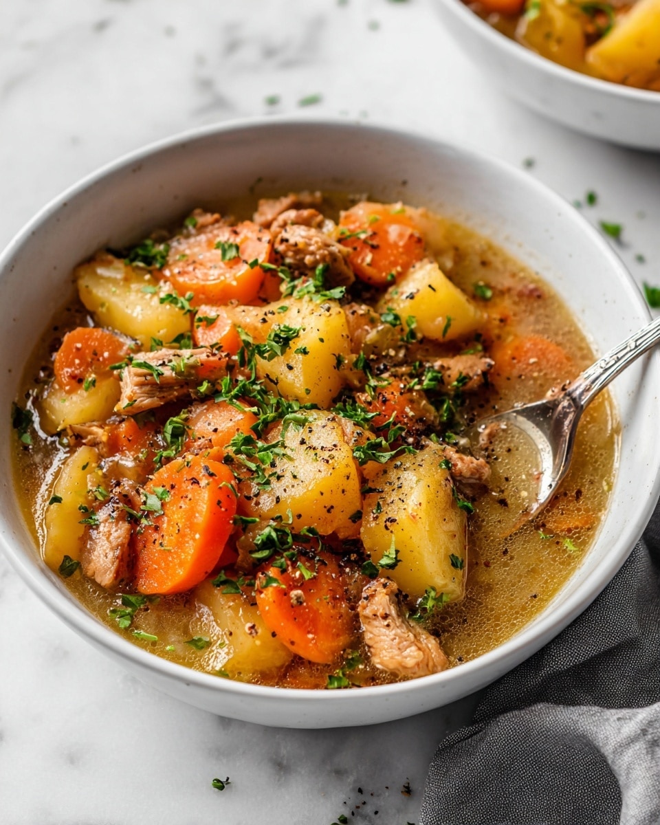 A white bowl filled with a thick stew containing layers of chunky orange carrot slices, golden-yellow potato pieces, and small tender pieces of light brown cooked meat, all mixed in a slightly cloudy broth with sprinkles of chopped green herbs and black pepper on top. A silver spoon rests on the right side inside the bowl. The bowl is placed on a white marbled surface with a grey cloth partially visible at the bottom right. photo taken with an iphone --ar 4:5 --v 7