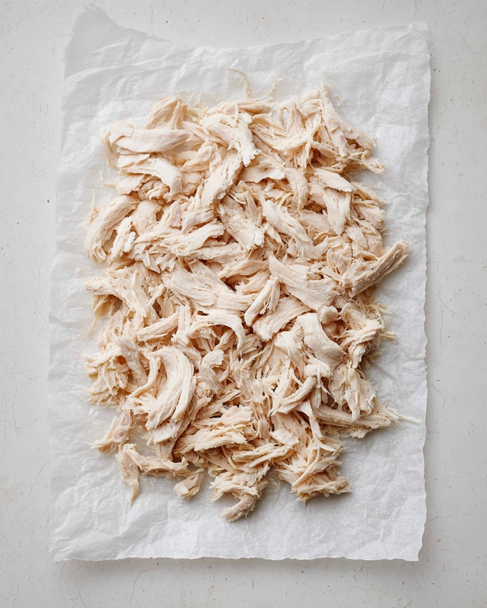 A single layer of shredded white chicken spread evenly on a white parchment paper, placed on a white marbled surface. The chicken pieces vary in size and texture, with some bits tender and finely pulled, while others are thicker and more fibrous, showing light beige and creamy white tones. The edges of the parchment paper are slightly folded, adding a casual look to the arrangement. photo taken with an iphone --ar 4:5 --v 7