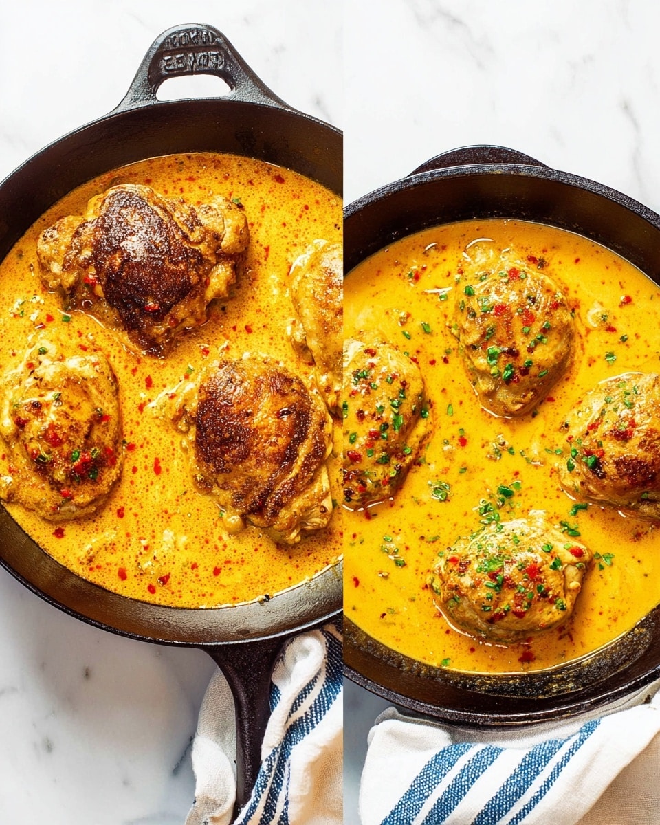 Two black cast iron skillets sit on a white marbled surface, each filled with creamy orange sauce and chicken pieces. The left skillet has four browned chicken parts partially soaked in thick sauce with small red specks, showing a rough texture on the browned skin. The right skillet contains four chicken pieces fully covered in the smooth, bright orange sauce, topped with small green herb pieces scattered evenly. A white and blue striped cloth is partially visible on the right side under the handle of the right skillet. Photo taken with an iphone --ar 4:5 --v 7