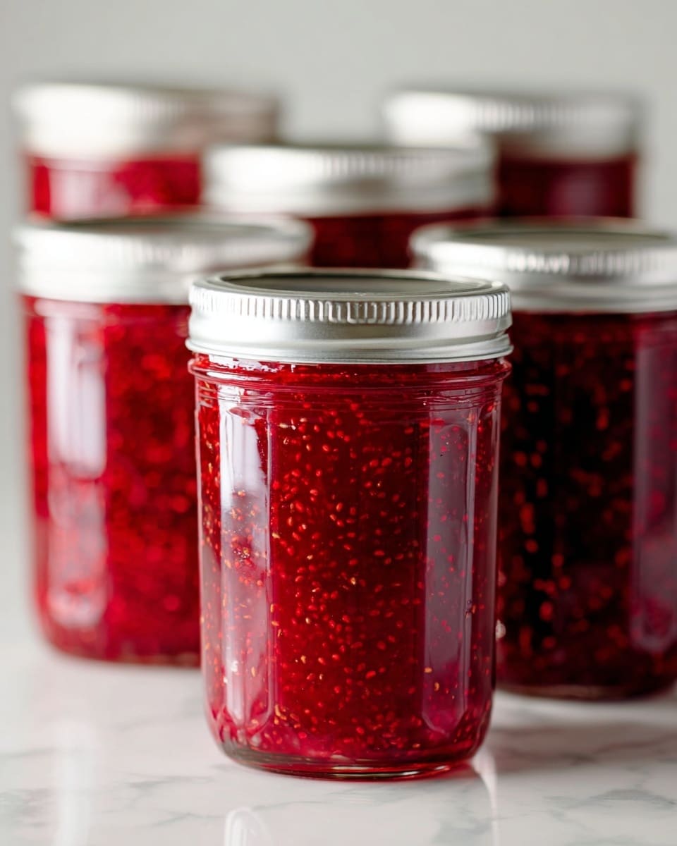 The image shows six glass jars filled with bright red jam that has small seeds evenly spread inside. Each jar has a shiny silver lid tightly on top. The jars are placed close together on a white marbled surface, with the front jar in clear focus and the other five jars softly blurred in the background. The jam looks thick and vibrant with a smooth, shiny texture inside the clear glass jars. photo taken with an iphone --ar 4:5 --v 7