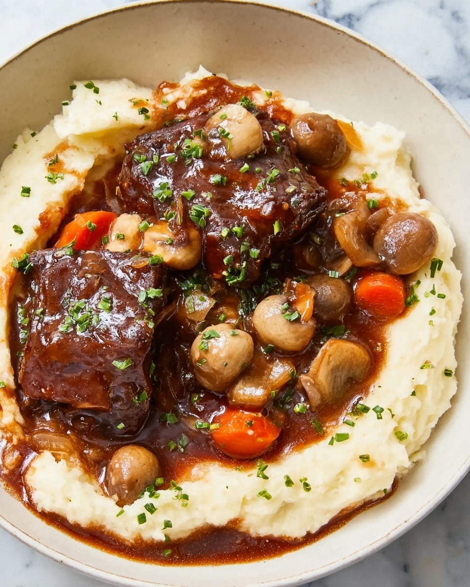 A white bowl filled with a thick, creamy layer of pale mashed potatoes that lines the bottom and edges, topped with a rich dark brown sauce covering two large pieces of tender cooked meat. Around and on top of the meat are small caramelized onions, sliced mushrooms, and round carrot chunks. The dish is garnished with small green chopped herbs scattered over the top. The background has a white marbled texture. Photo taken with an iphone --ar 4:5 --v 7