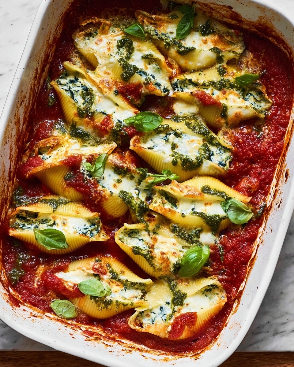 A white rectangular baking dish holds a baked layered pasta dish, with large yellow pasta shells stuffed with green spinach filling arranged evenly across the top. The layers inside show a rich red tomato sauce base, white melted cheese with some golden brown spots, and green pesto dollops spread throughout. Fresh green basil leaves are scattered on top, along with grated white cheese that adds a fine, snowy texture. The dish sits on a wooden surface that has been visually transformed into a white marbled texture. Photo taken with an iphone --ar 4:5 --v 7