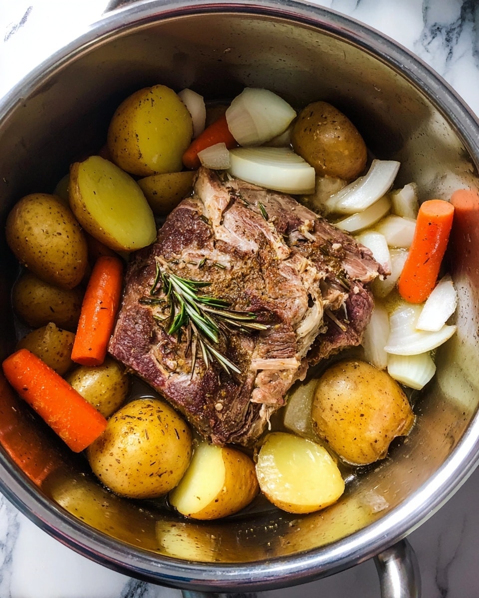 Inside a shiny metal pot, there is a large piece of cooked brown meat with visible rosemary on top, placed in the center. Around the meat, there are several large yellow potato pieces, some with brown skin still on, roughly cut. White onion chunks with a slightly translucent look are scattered around the meat and potatoes. Bright orange carrot slices are also spread evenly in the pot. The pot is on a white marbled surface. photo taken with an iphone --ar 4:5 --v 7